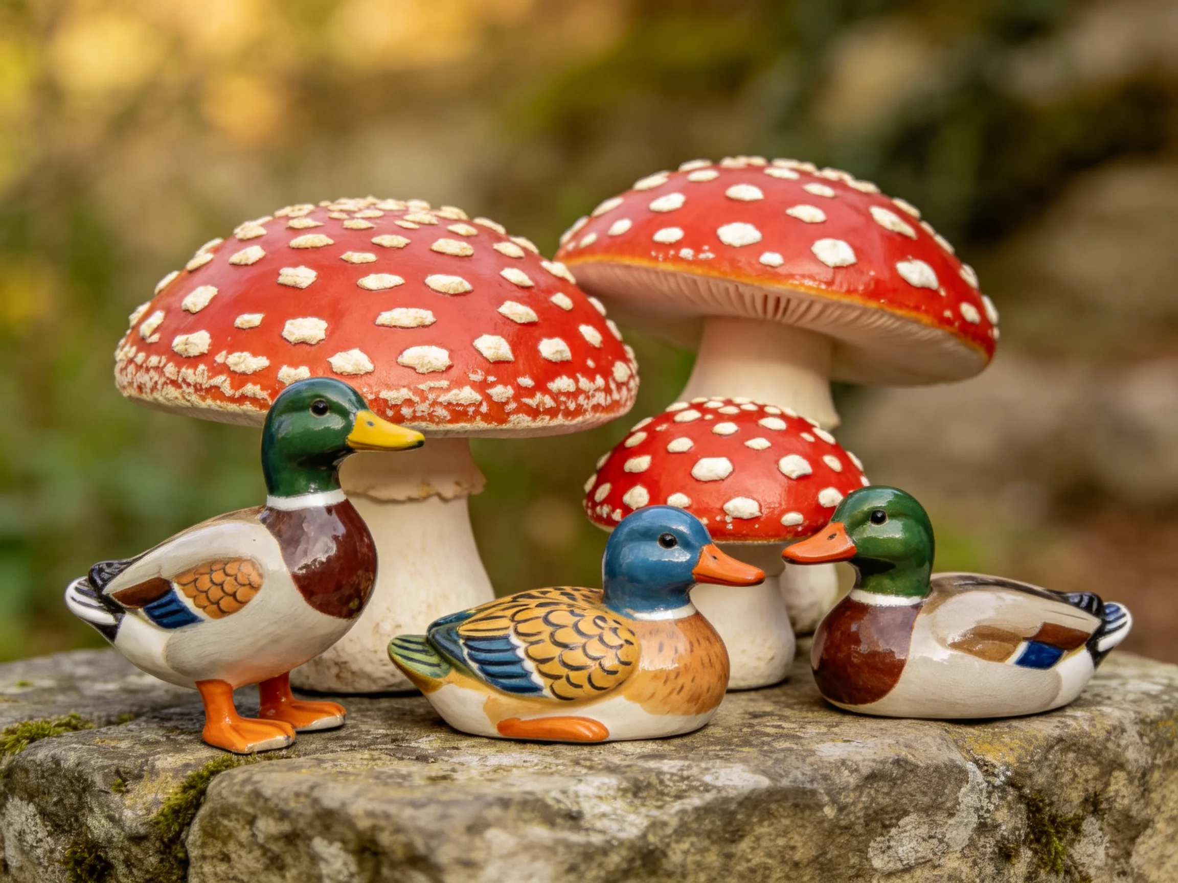 Three ceramic ducks near three red-spotted fly agaric mushrooms on a stone
