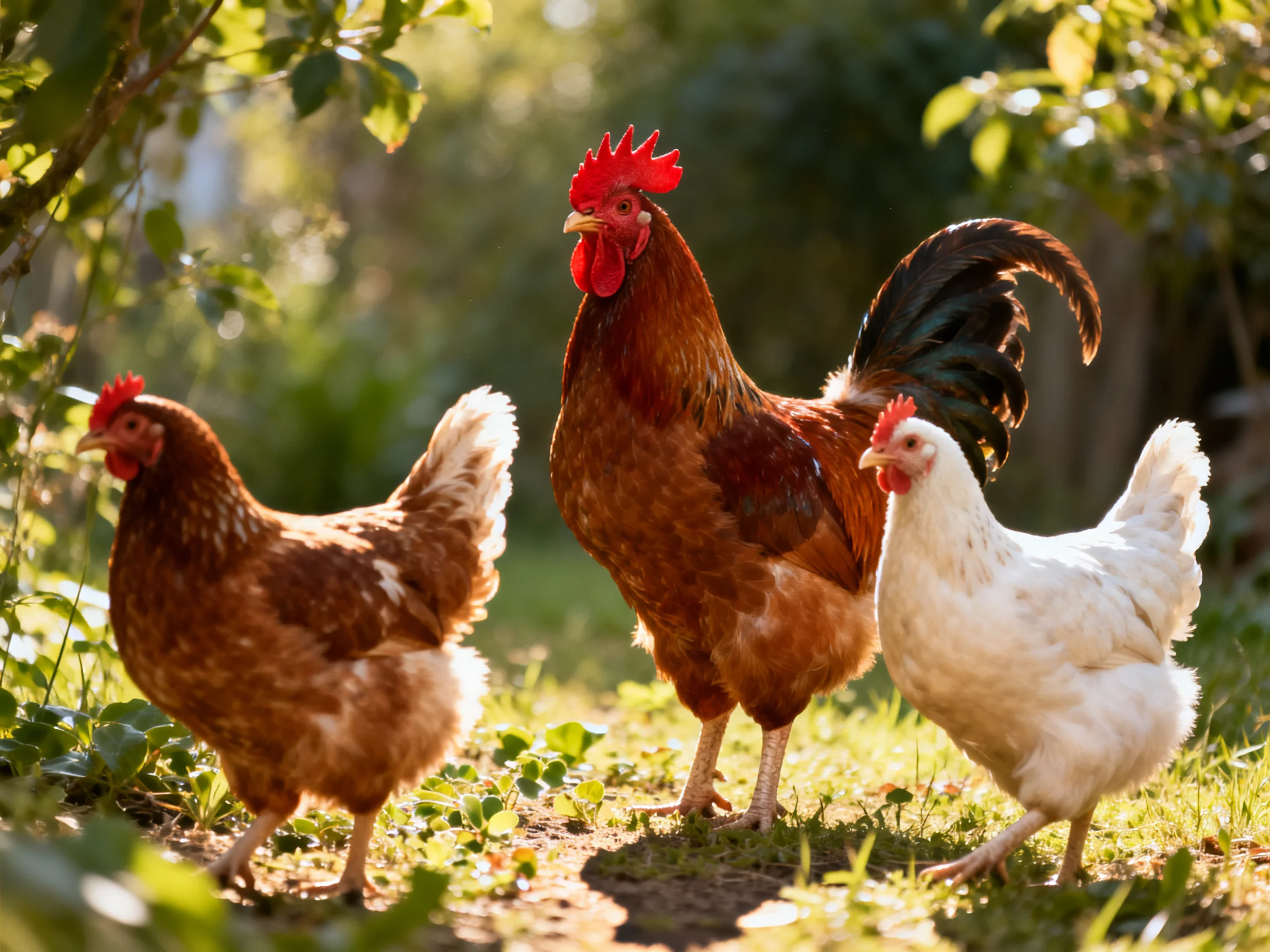 Three chickens—a rooster and two hens—in a sunlit garden