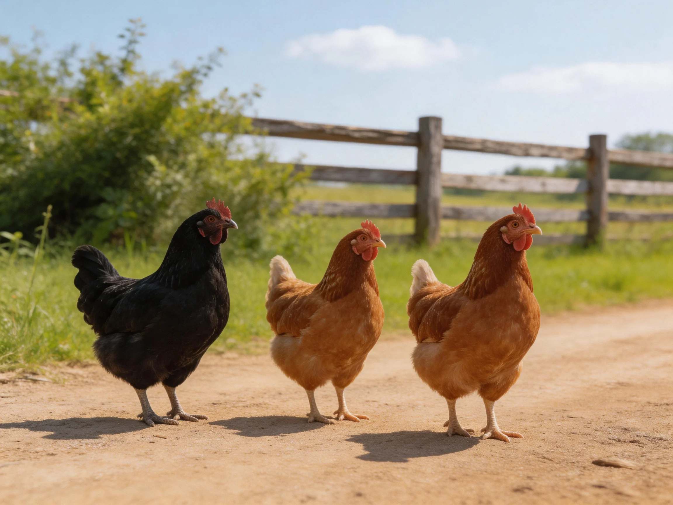 Three chickens, black and brown, stroll on a dirt path near a wooden fence.