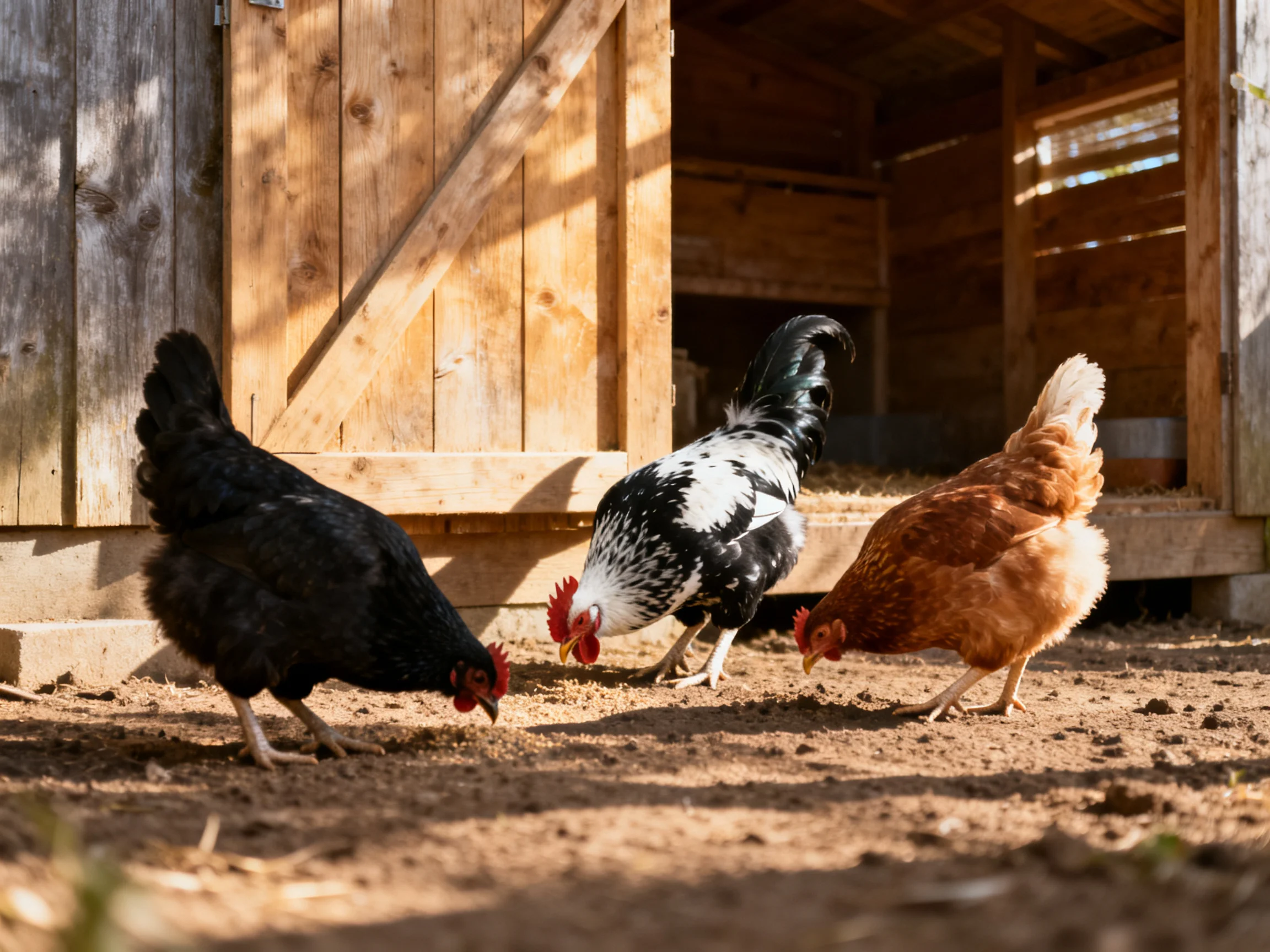 Three chickens—black, black-and-white, brown—foraging near a wooden coop