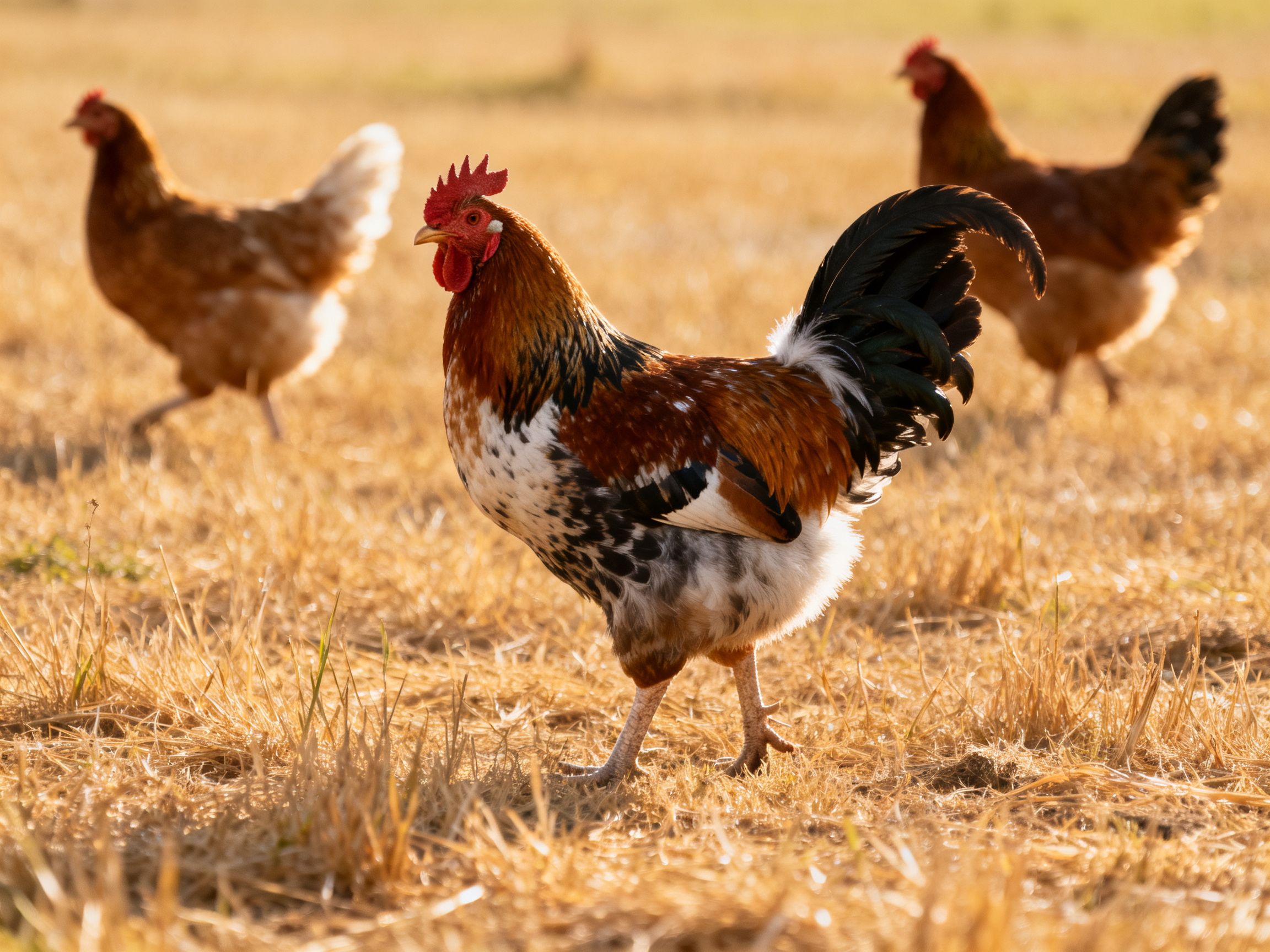 Three chickens forage in a sunlit golden-dry grass field