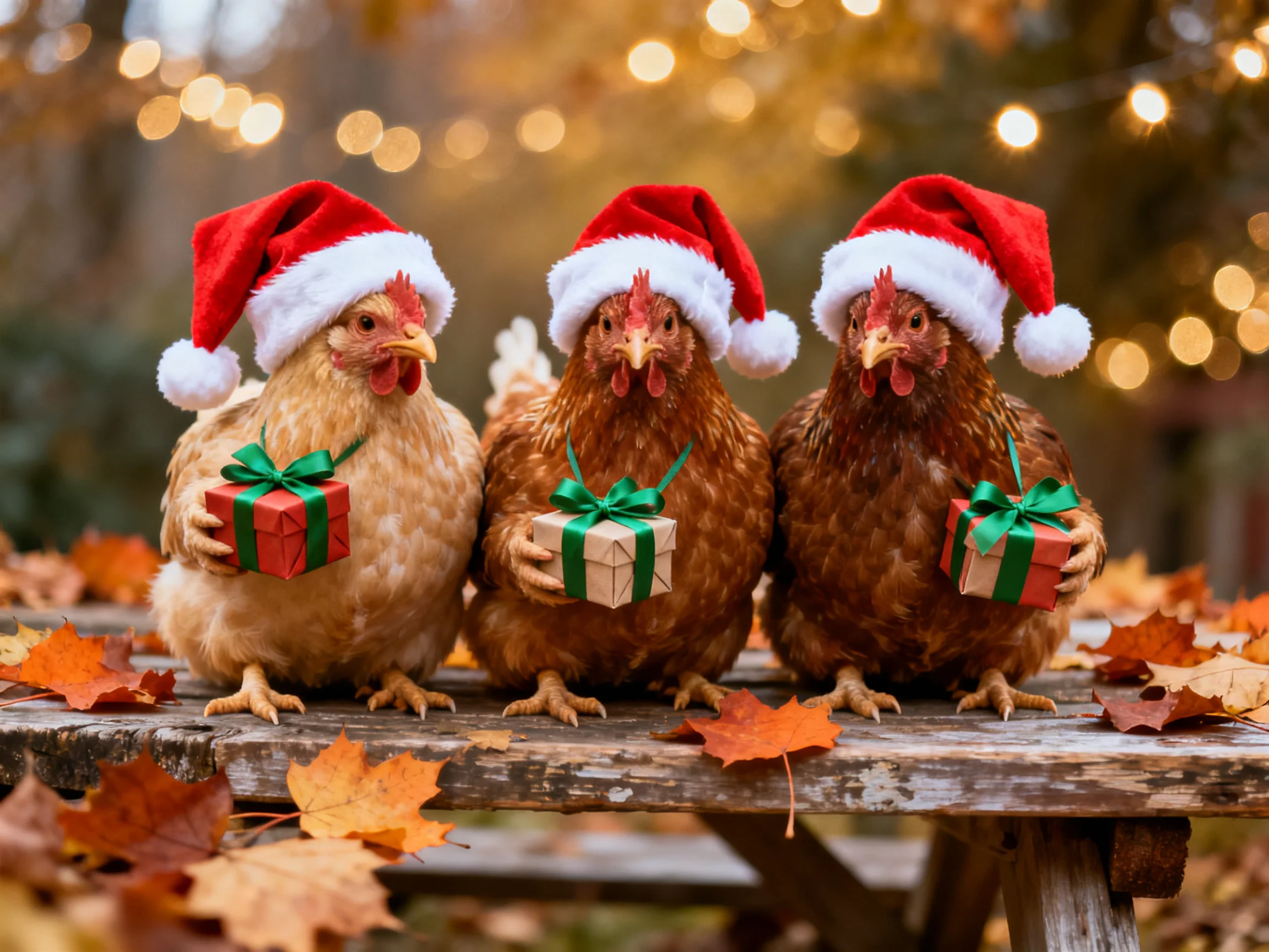 Three chickens in Santa hats hold colorful gift boxes amid autumn leaves