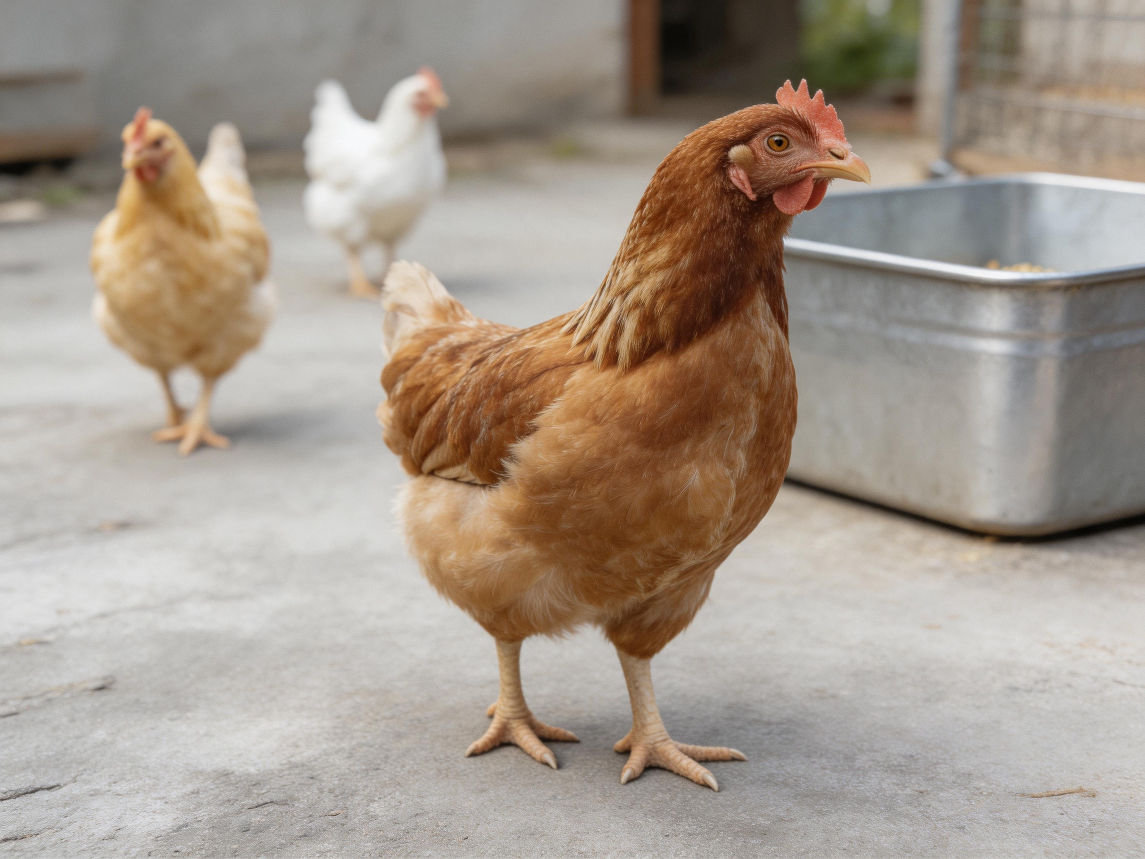 Three chickens in brown, white, and tan hues near a large metal trough on concrete ground
