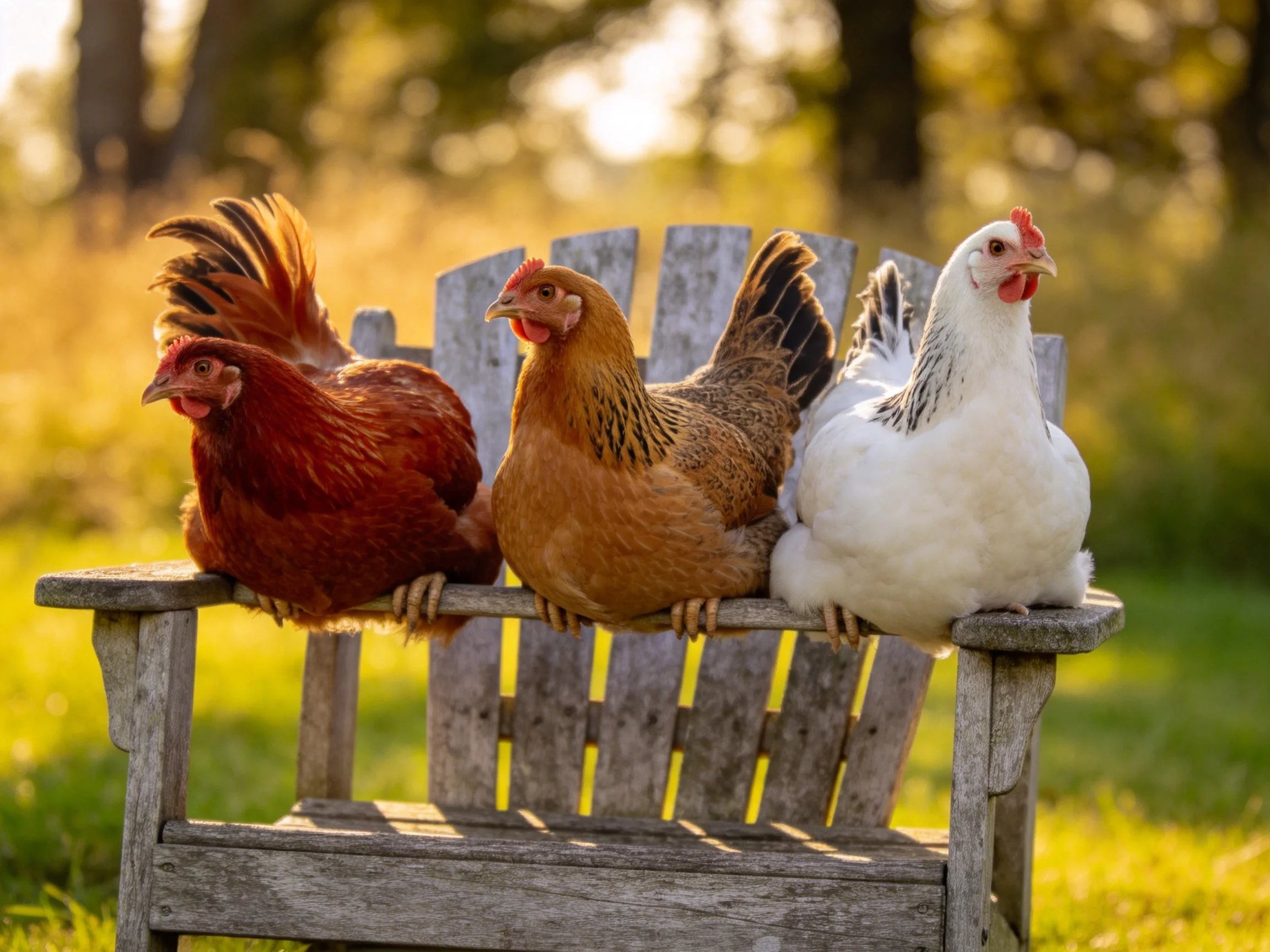Three chickens in red, brown, and white on an aged wooden chair outdoors
