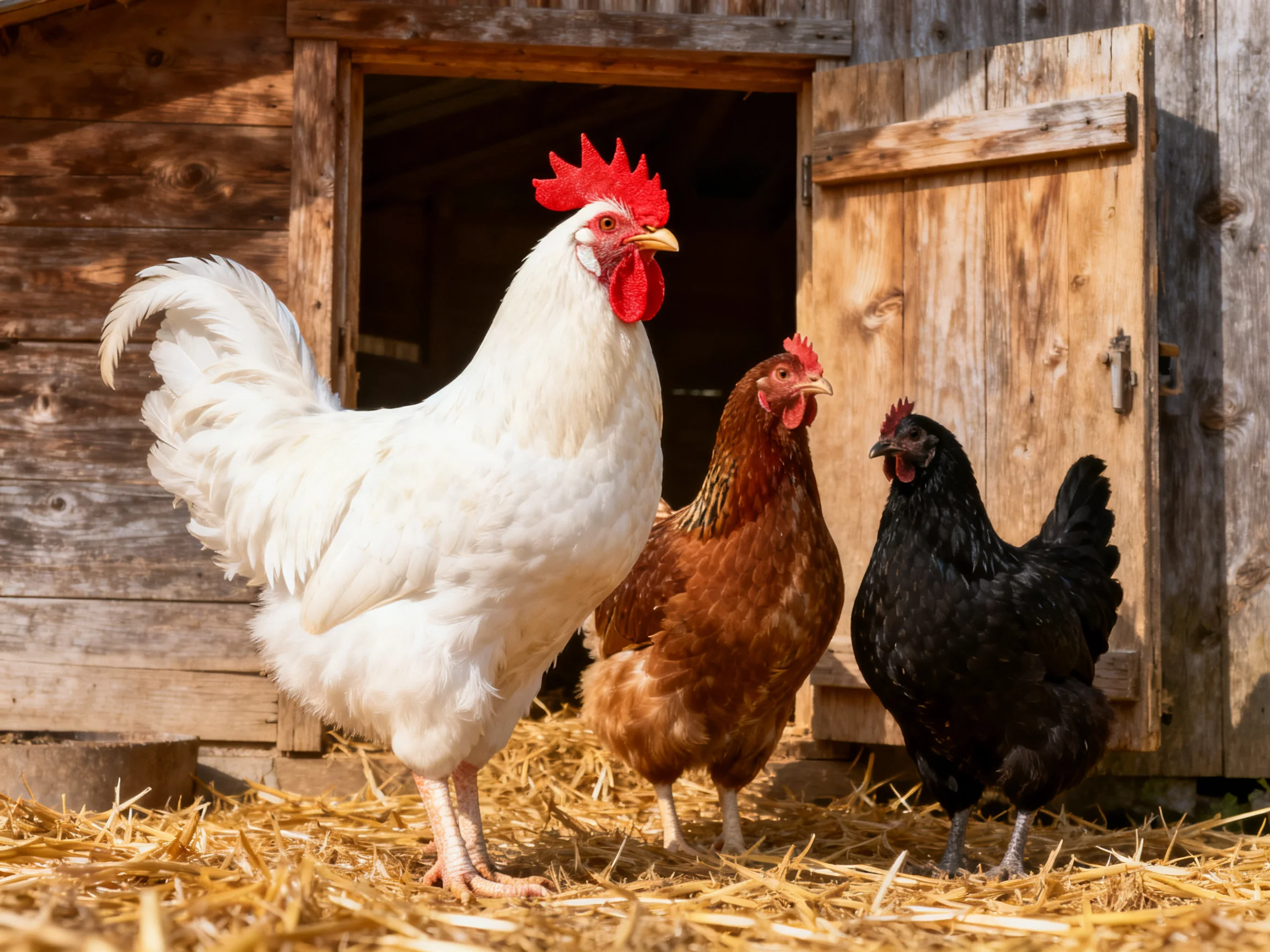 Three chickens in white, brown, and black near a weathered wooden coop