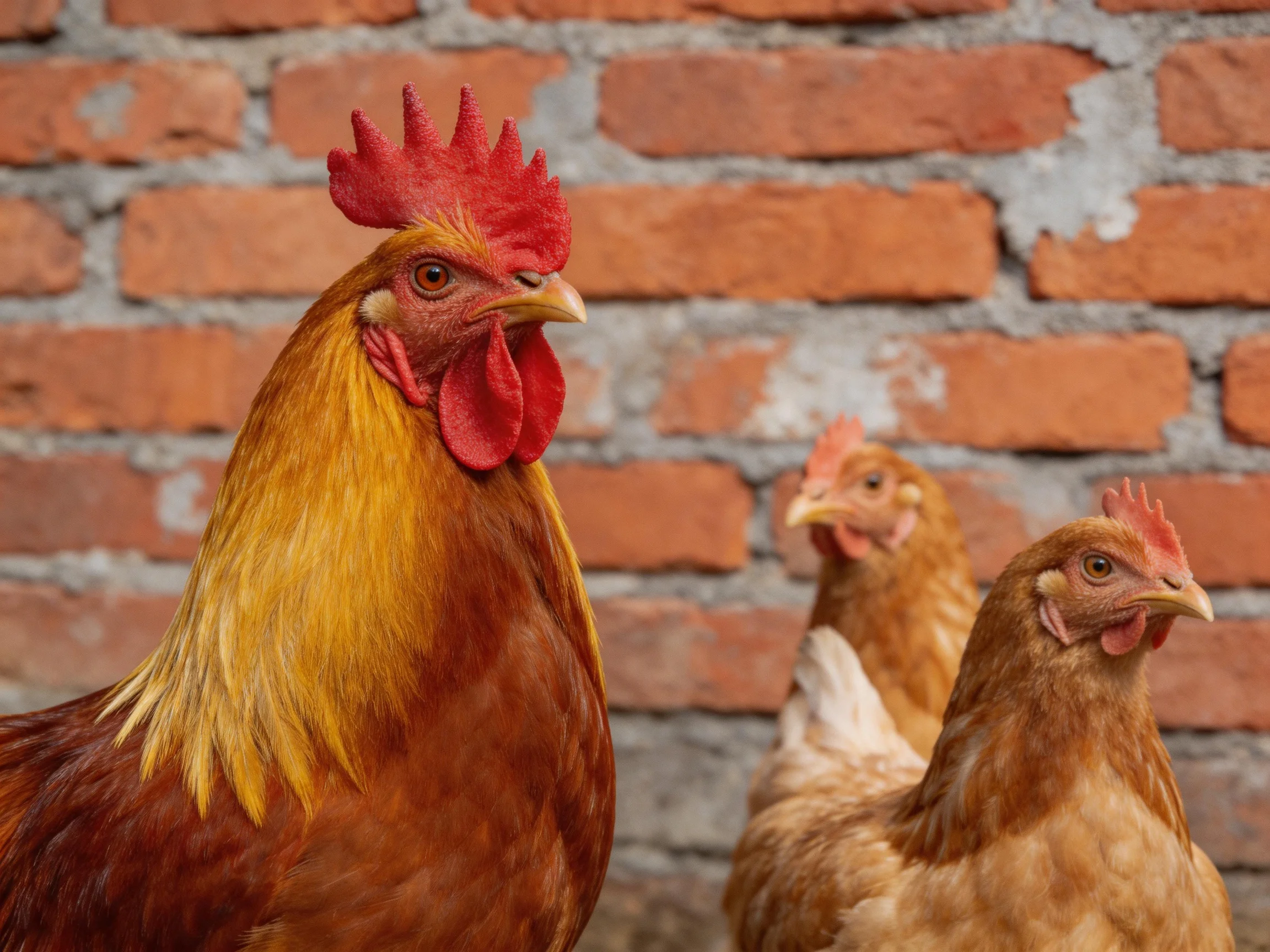 Three chickens, including a large reddish-brown rooster, near an aged red brick wall
