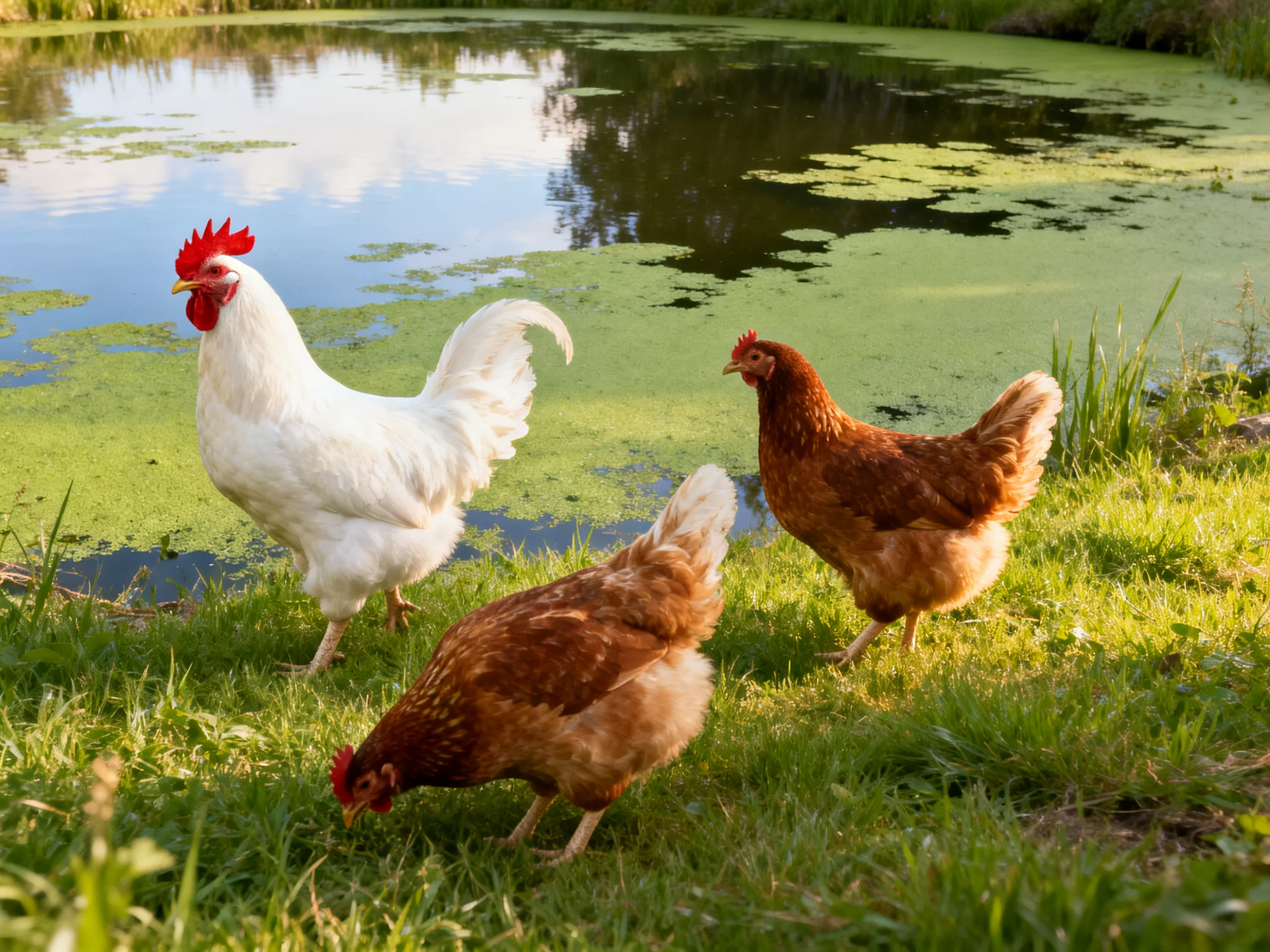 Three chickens, including a white rooster, forage by a green algae-covered pond