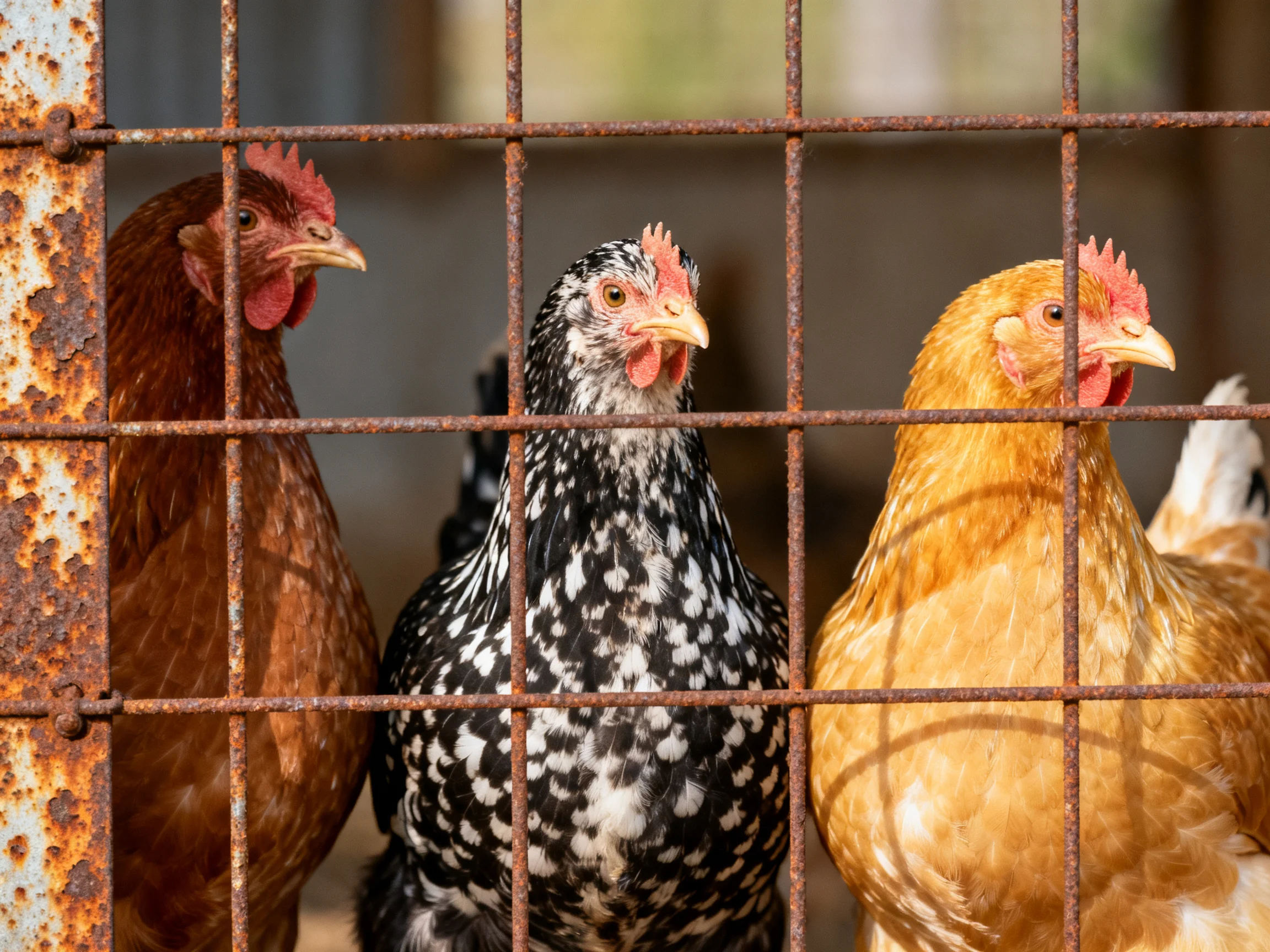 Three chickens of brown, black-and-white, and golden hues behind a rusted metal grid