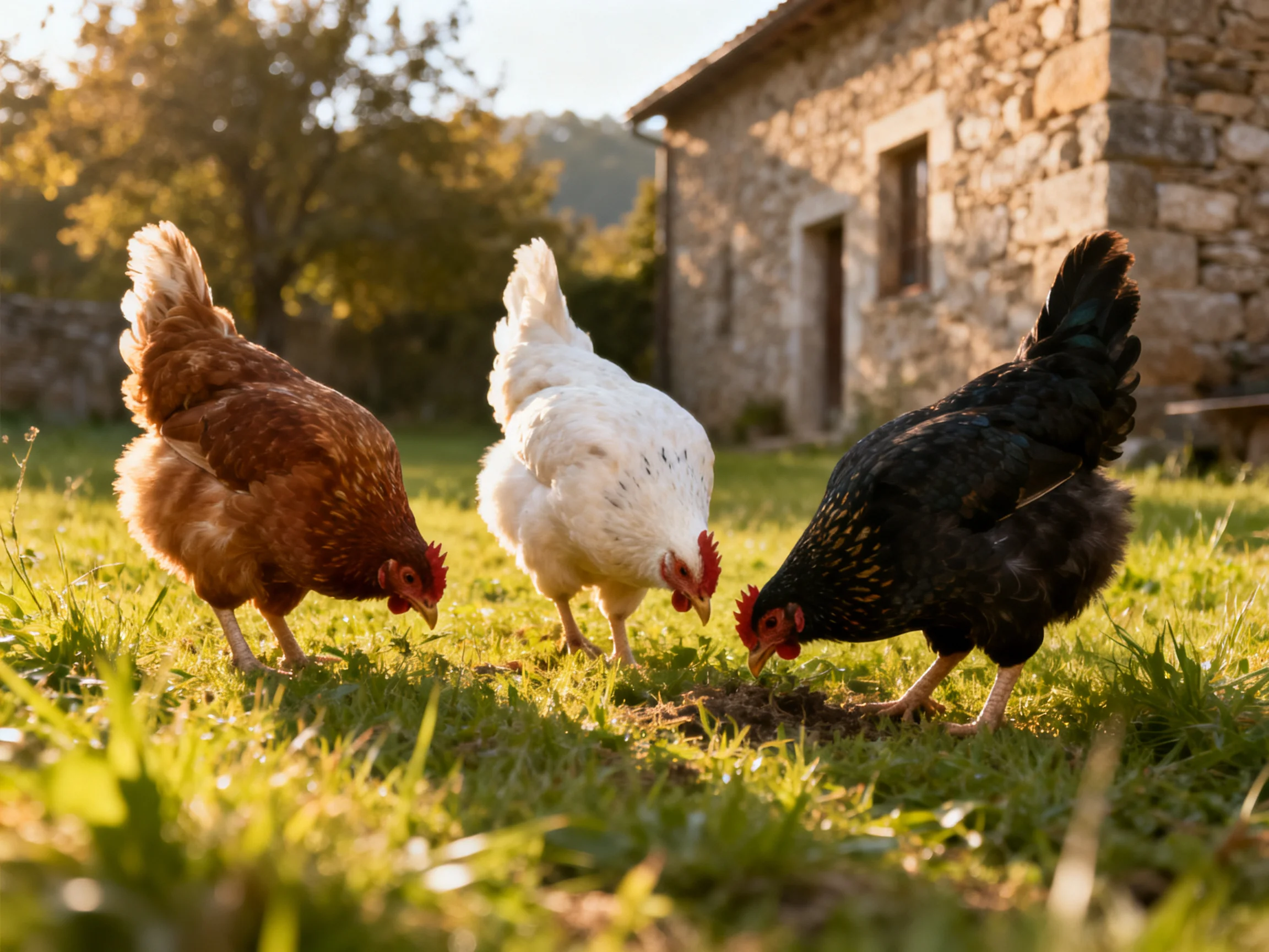 Three chickens of brown, white, and black colors grazing near a stone house
