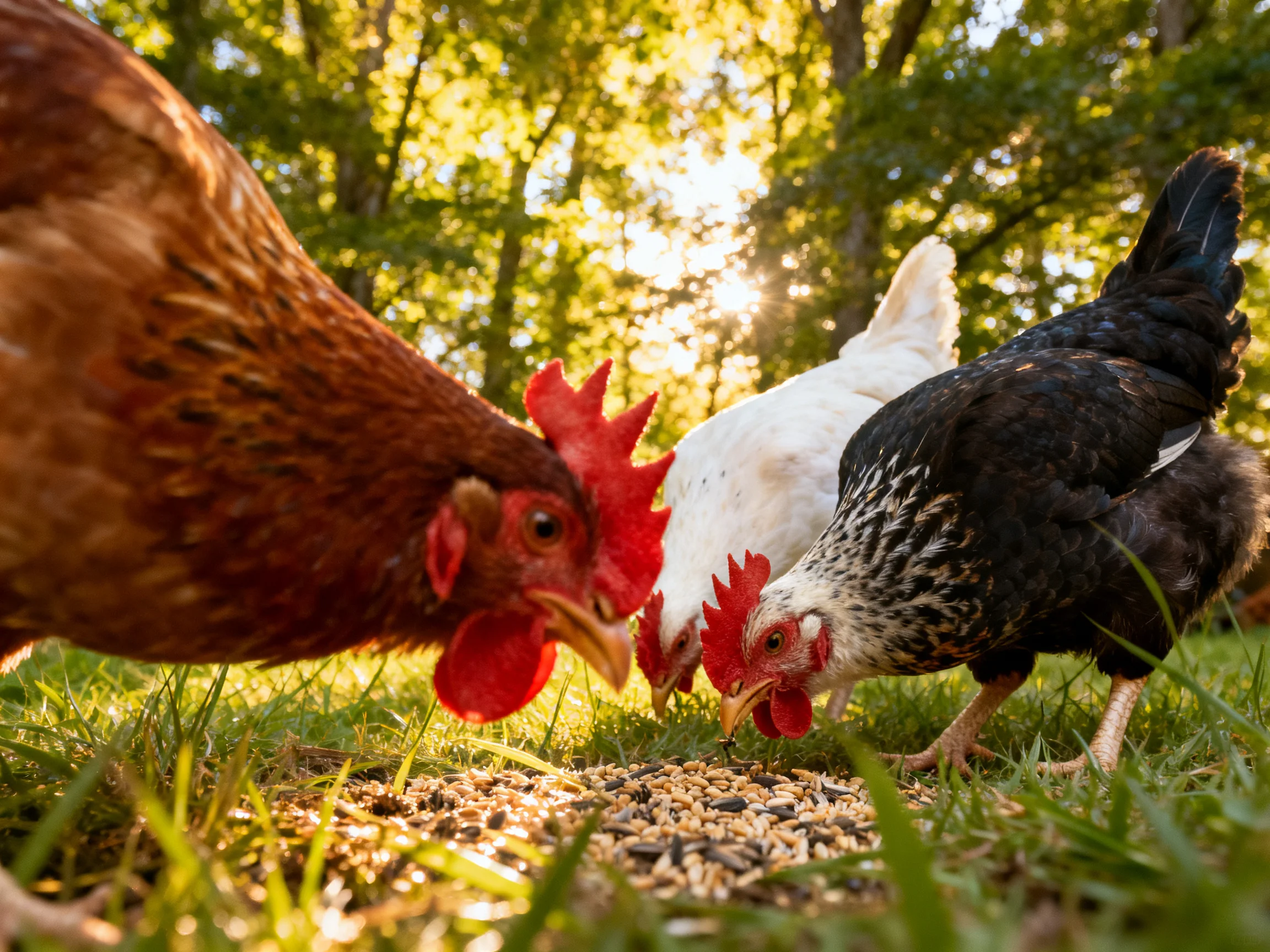 Three chickens of brown, white, and black pecking seeds on grass under filtered sunlight