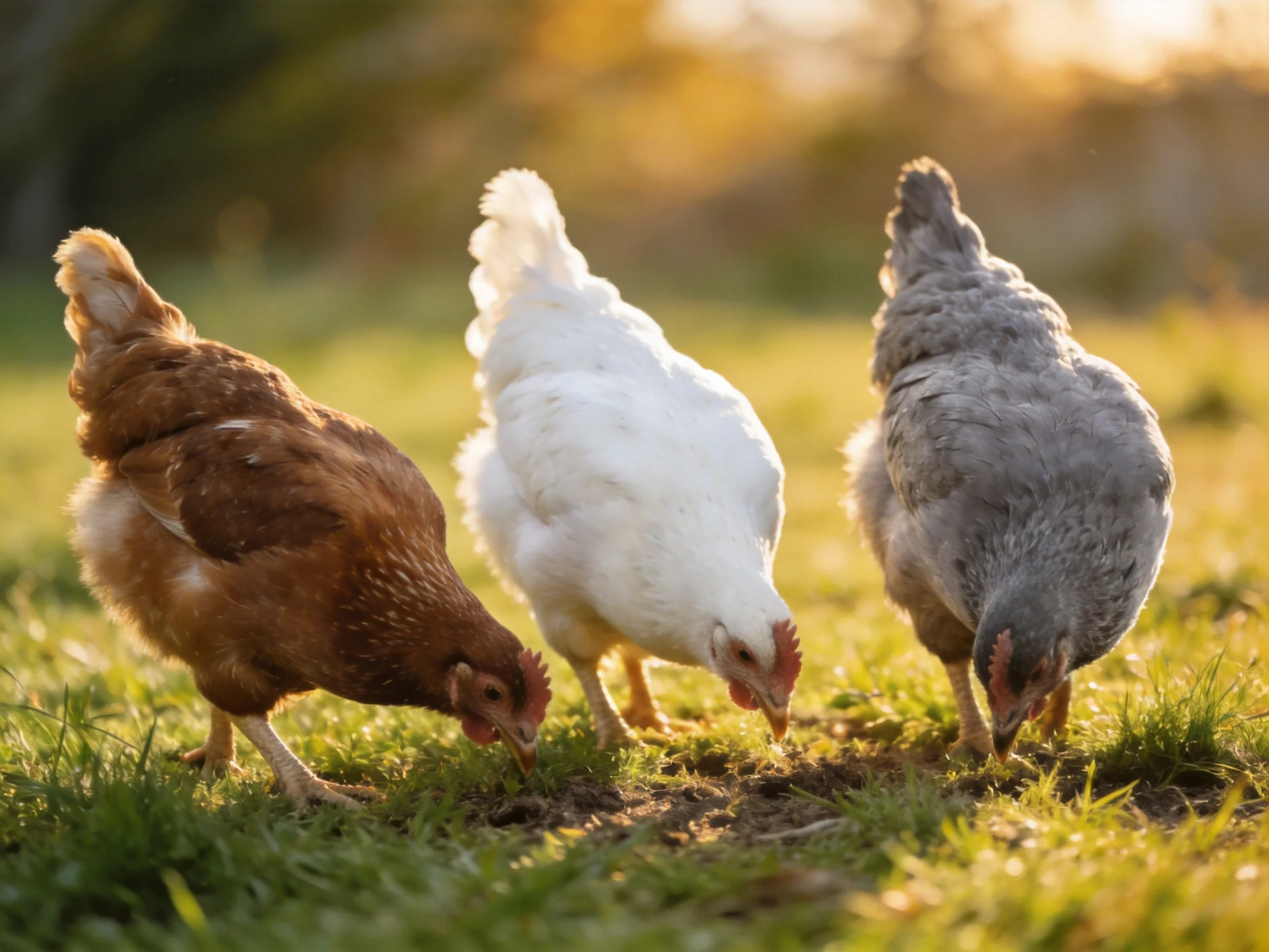 Three chickens of brown, white, and gray pecking at grass in golden light
