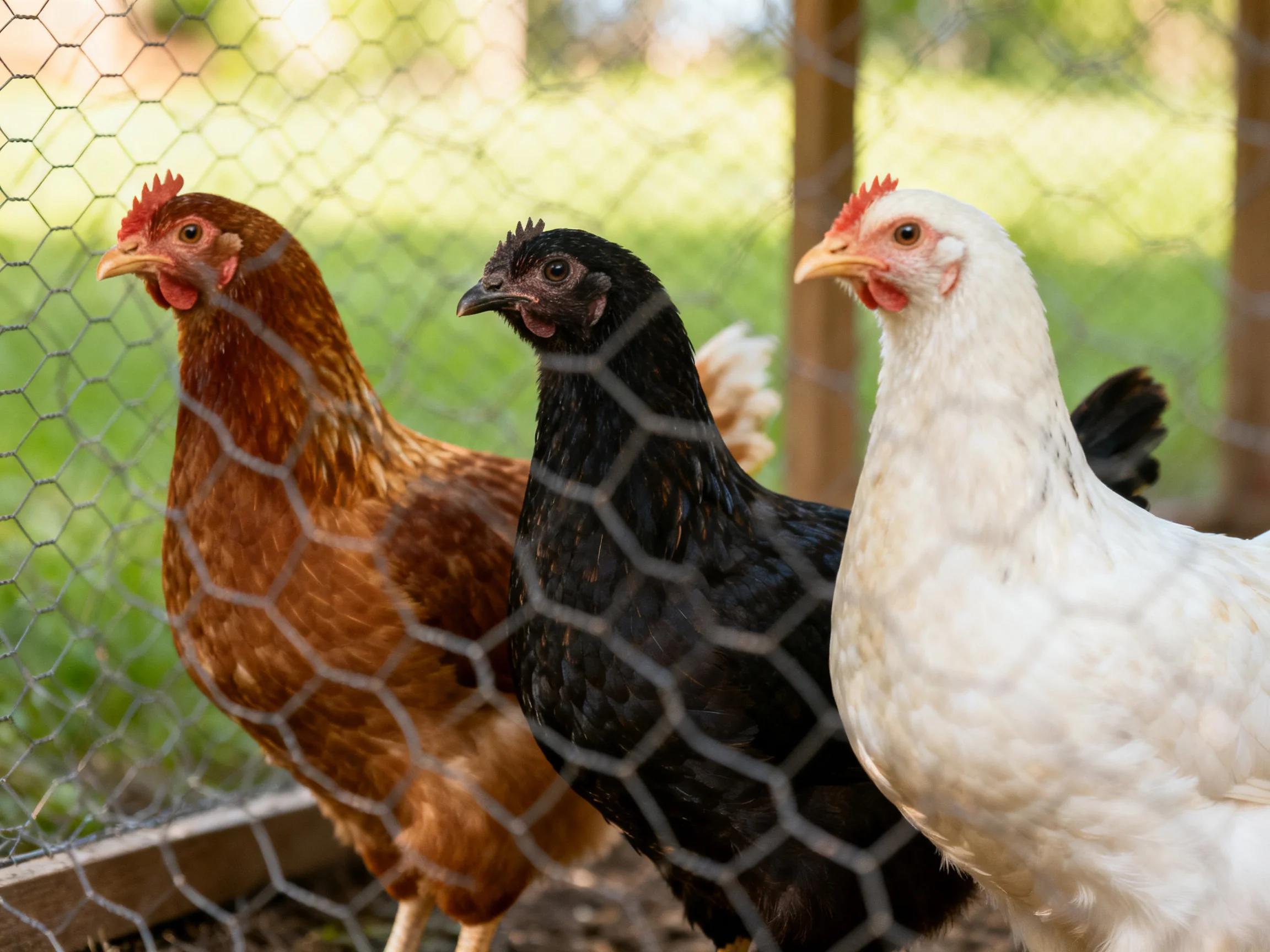 Three chickens of different colors near wire fencing