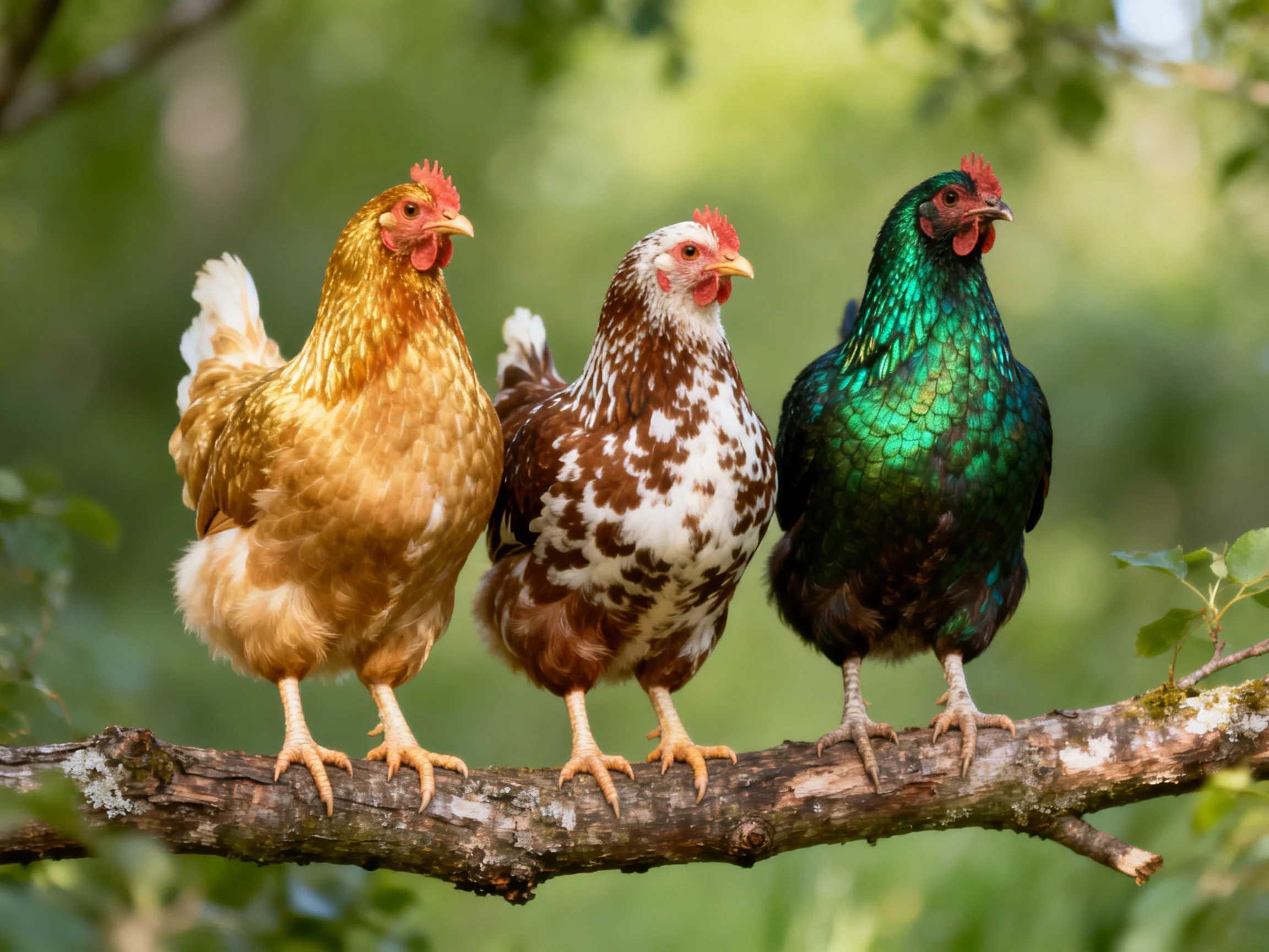 Three chickens of diverse hues perch on a tree branch