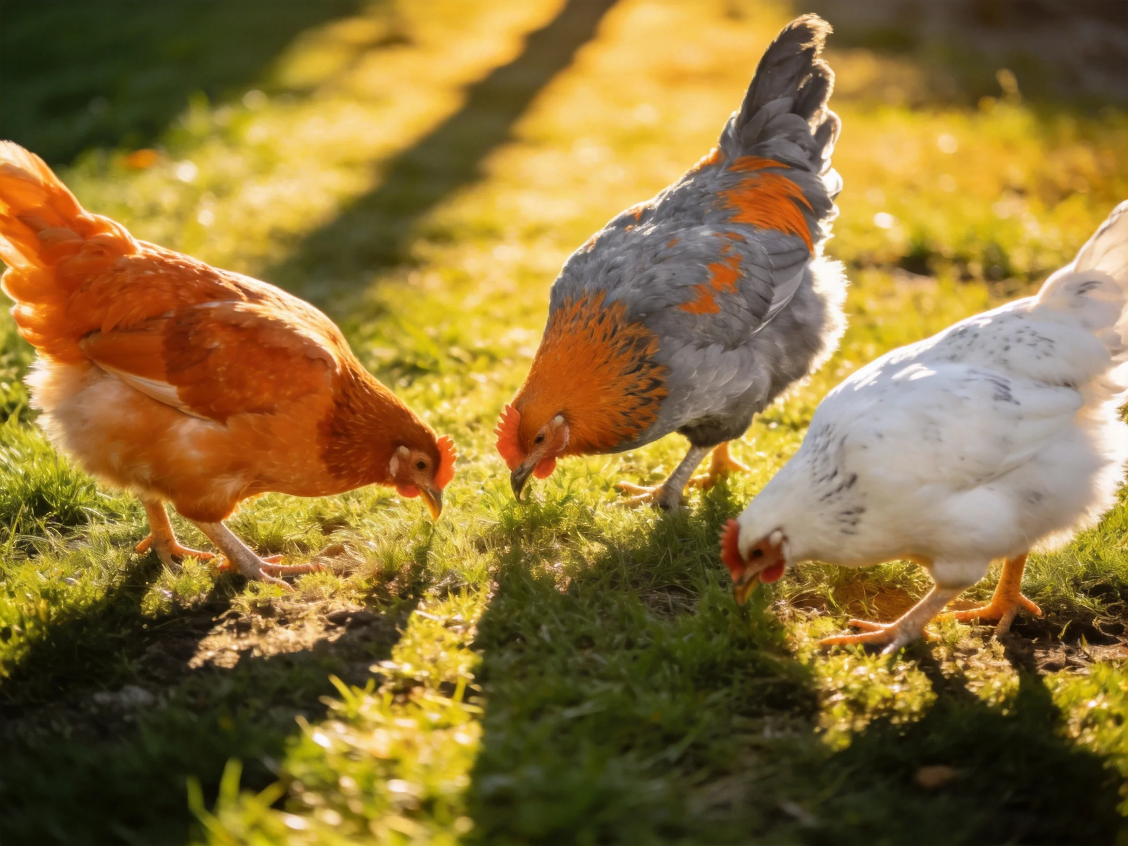 Three chickens of orange, gray, and white grazing on green grass