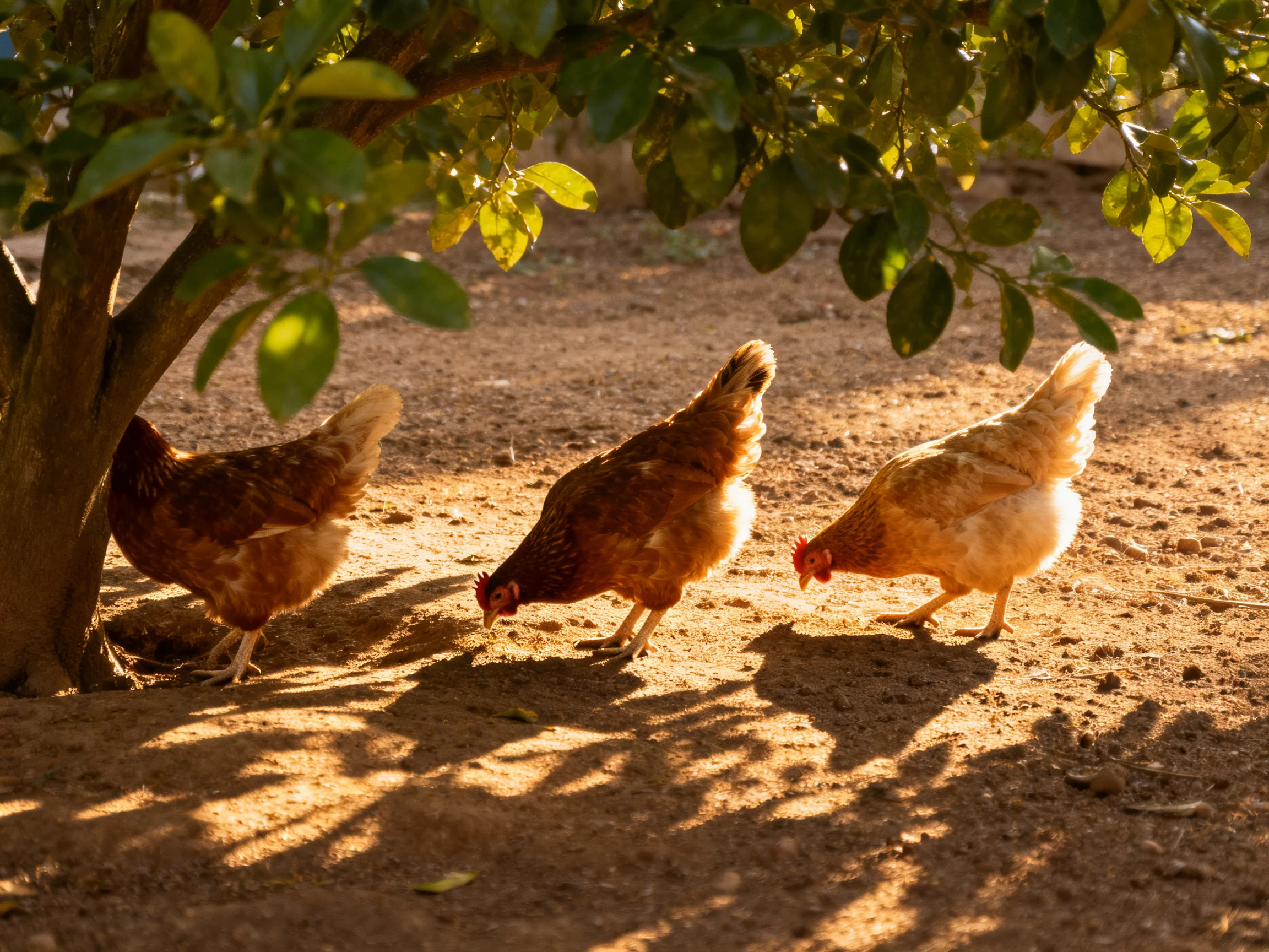 Three chickens of varying browns forage beneath leafy tree branches in golden sunlight