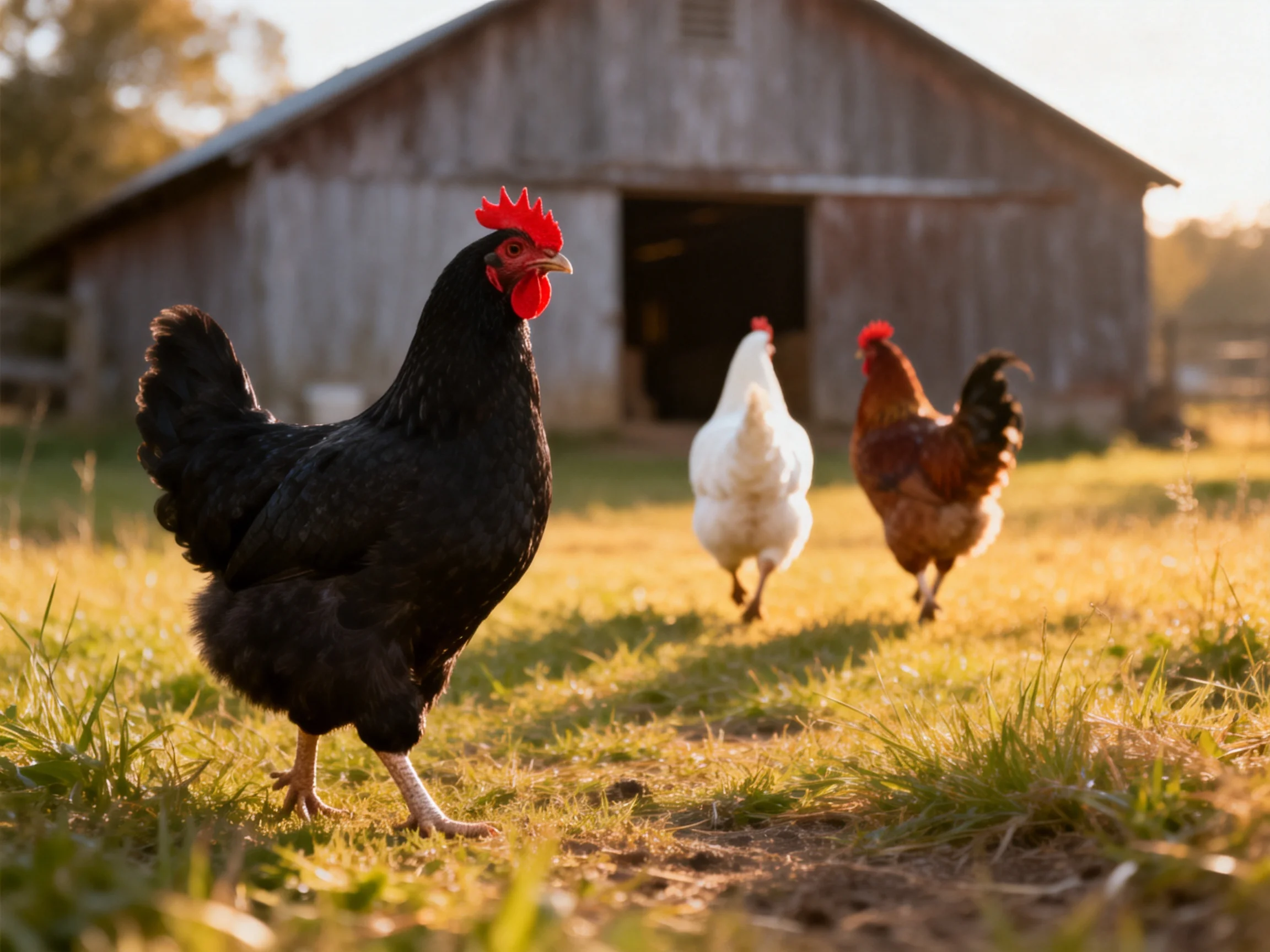 Three chickens of varying colors near an old wooden barn