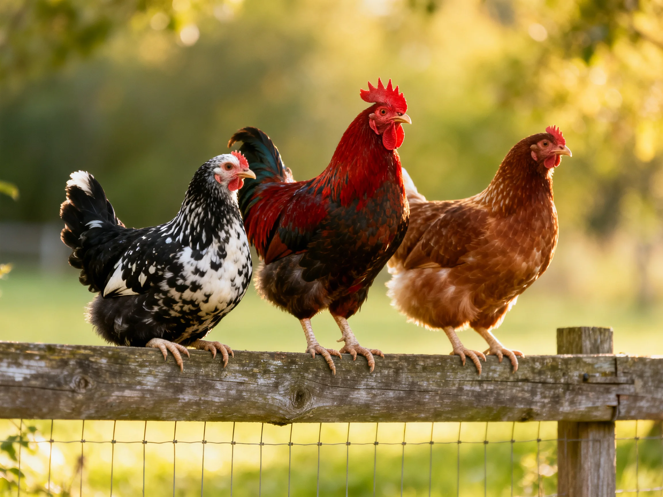 Three chickens of varying colors perched on a weathered wooden fence