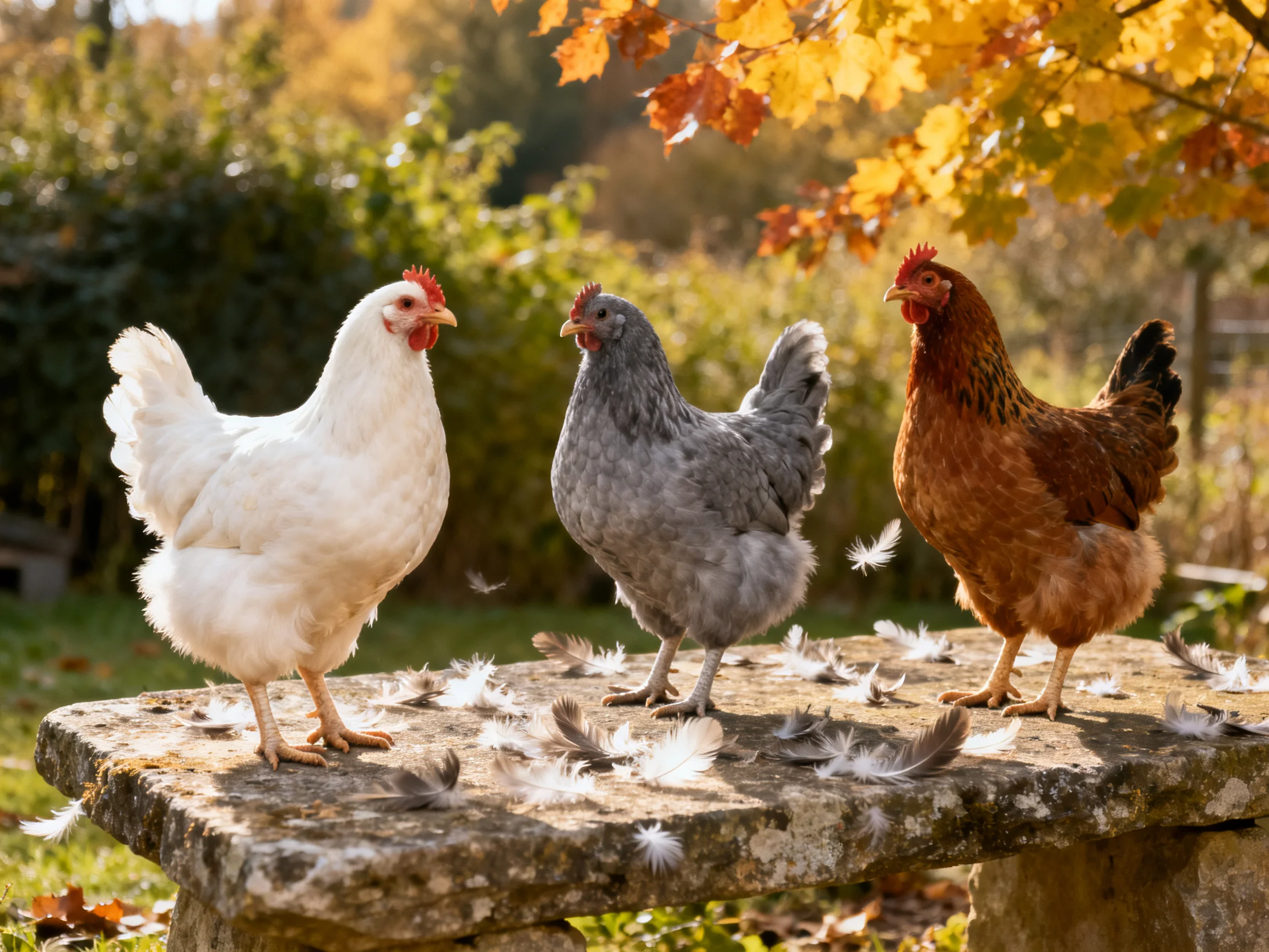 Three chickens of white, gray, and brown stand on a stone bench with scattered feathers