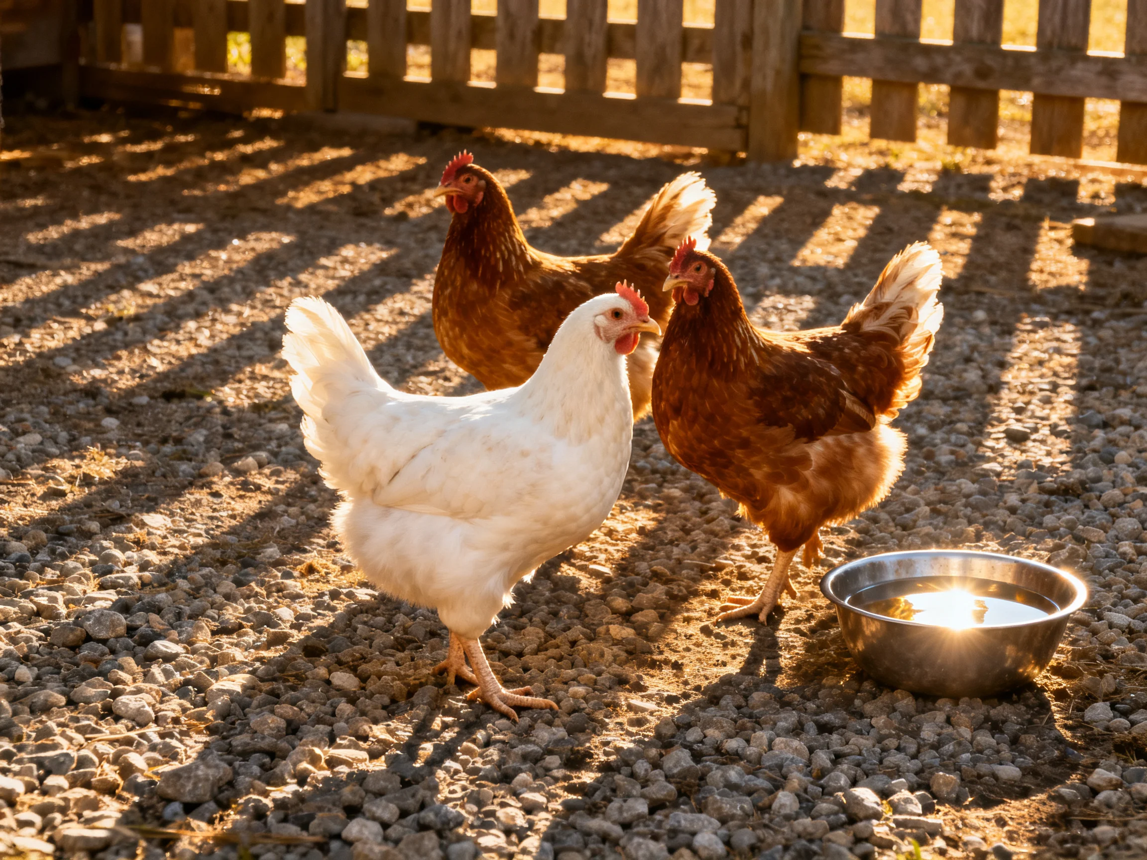 Three chickens, two brown and one white, on gravel near a metal water bowl by a wooden fence