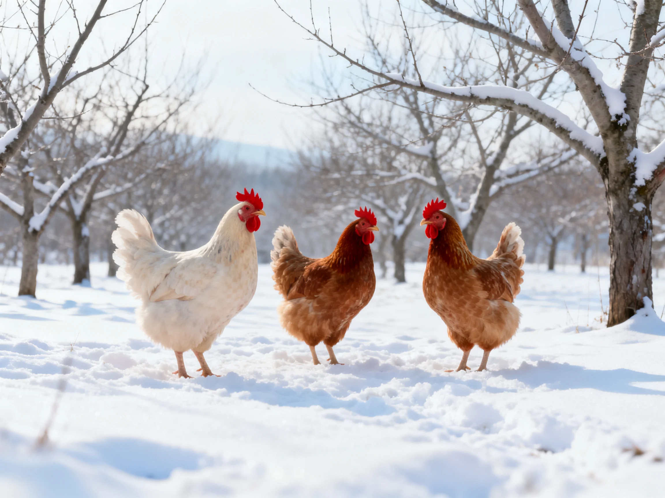 Three chickens, white and brown, roam in a snow-covered orchard