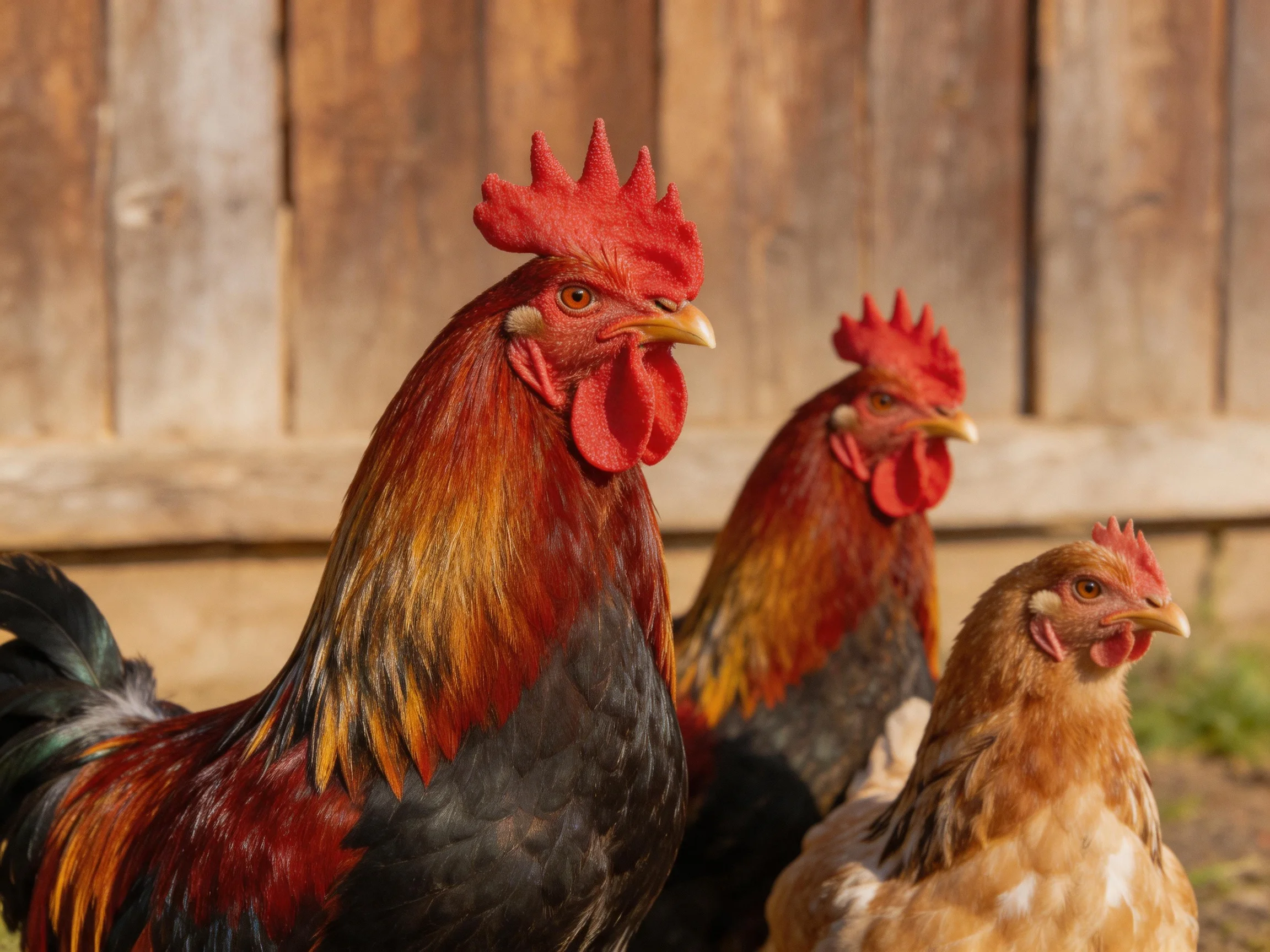 Three chickens with bright red combs near a rustic wooden fence