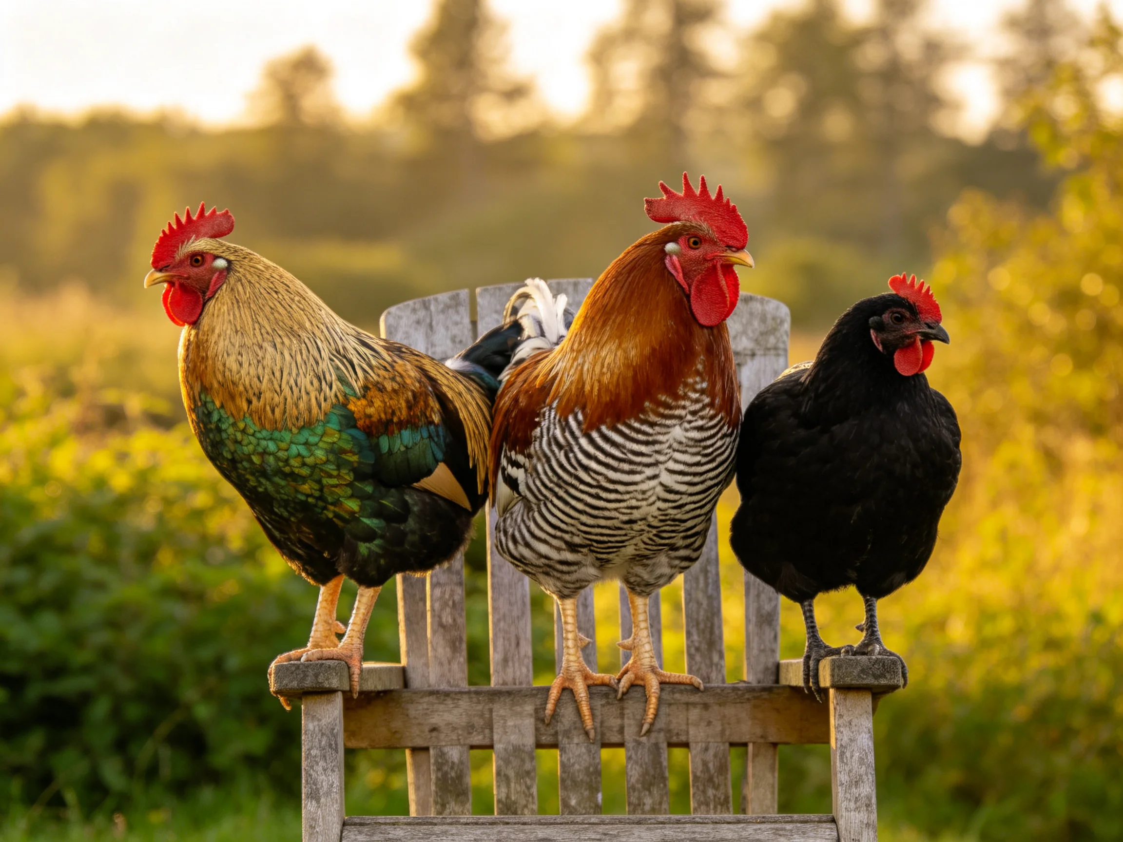 Three chickens with diverse plumage rest on an aged wooden chair outdoors