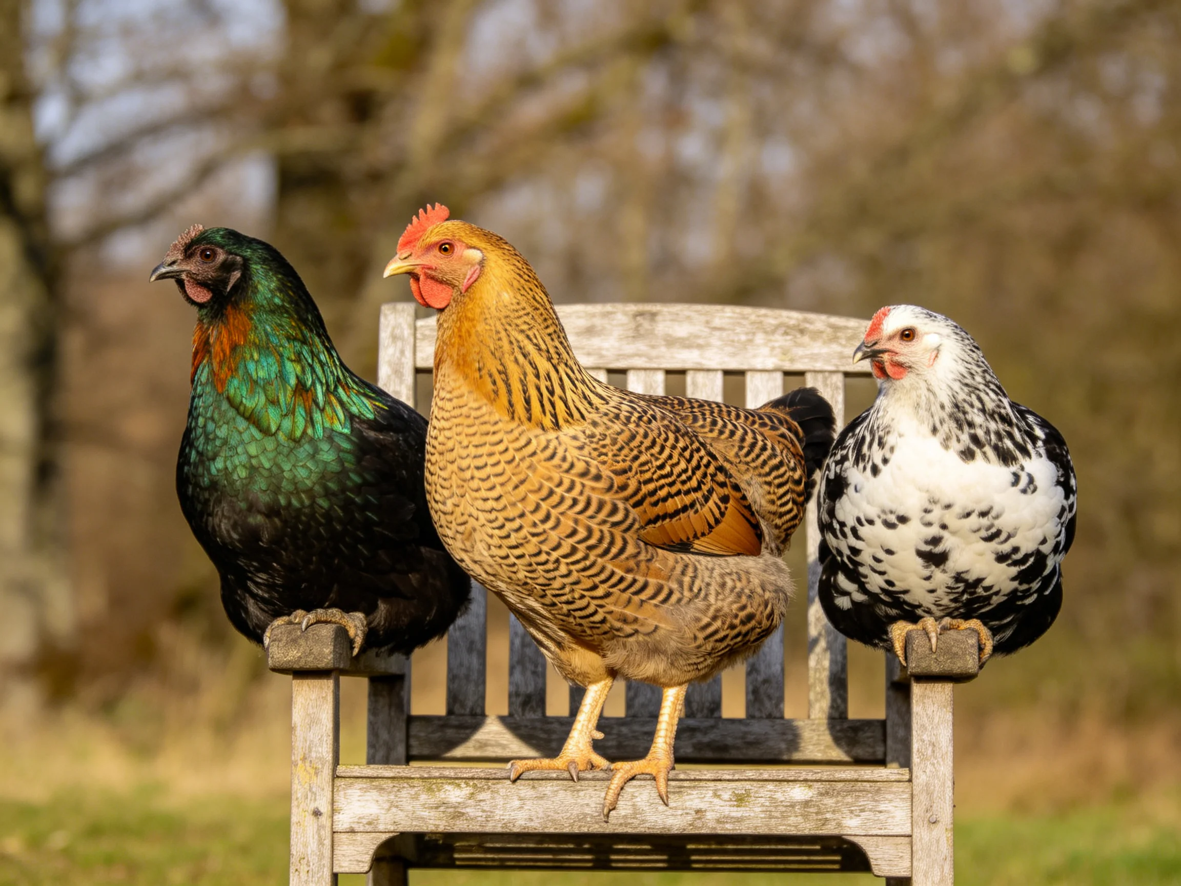 Three chickens with diverse plumages sit on a wooden chair outdoors