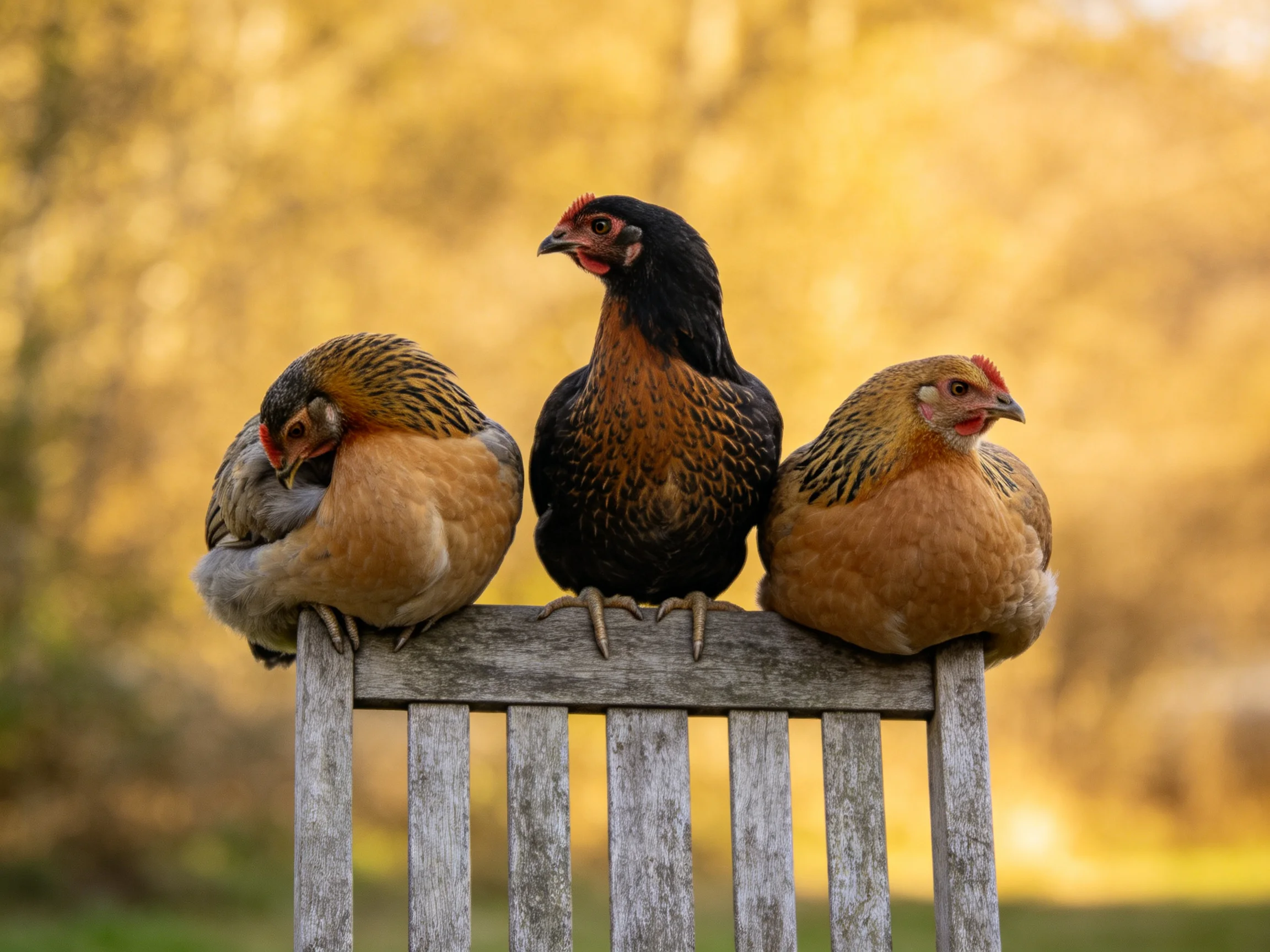 Three chickens with varied plumage rest on an aged wooden bench