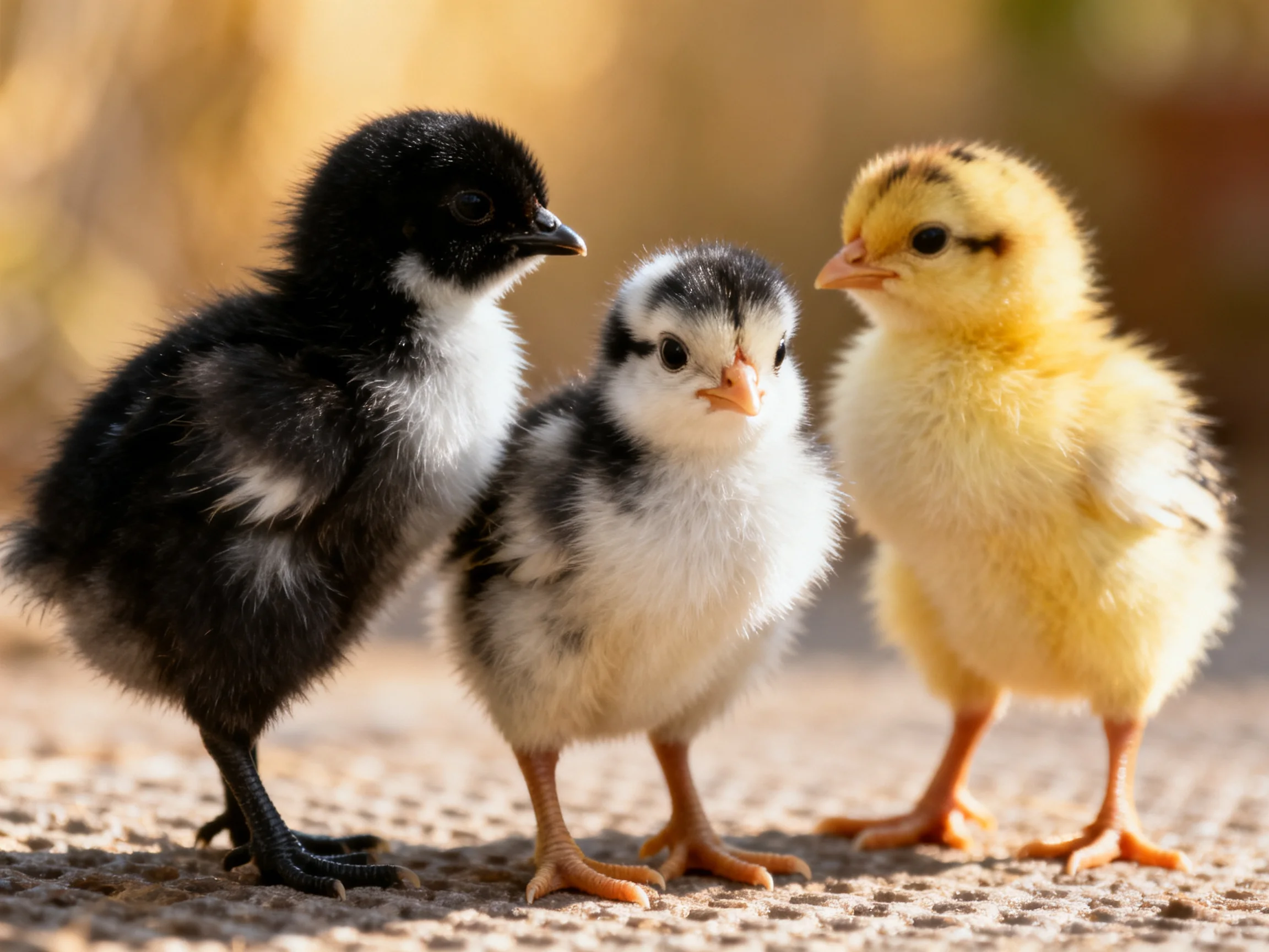 Three chicks with distinct black, gray-white, and yellow plumage standing together