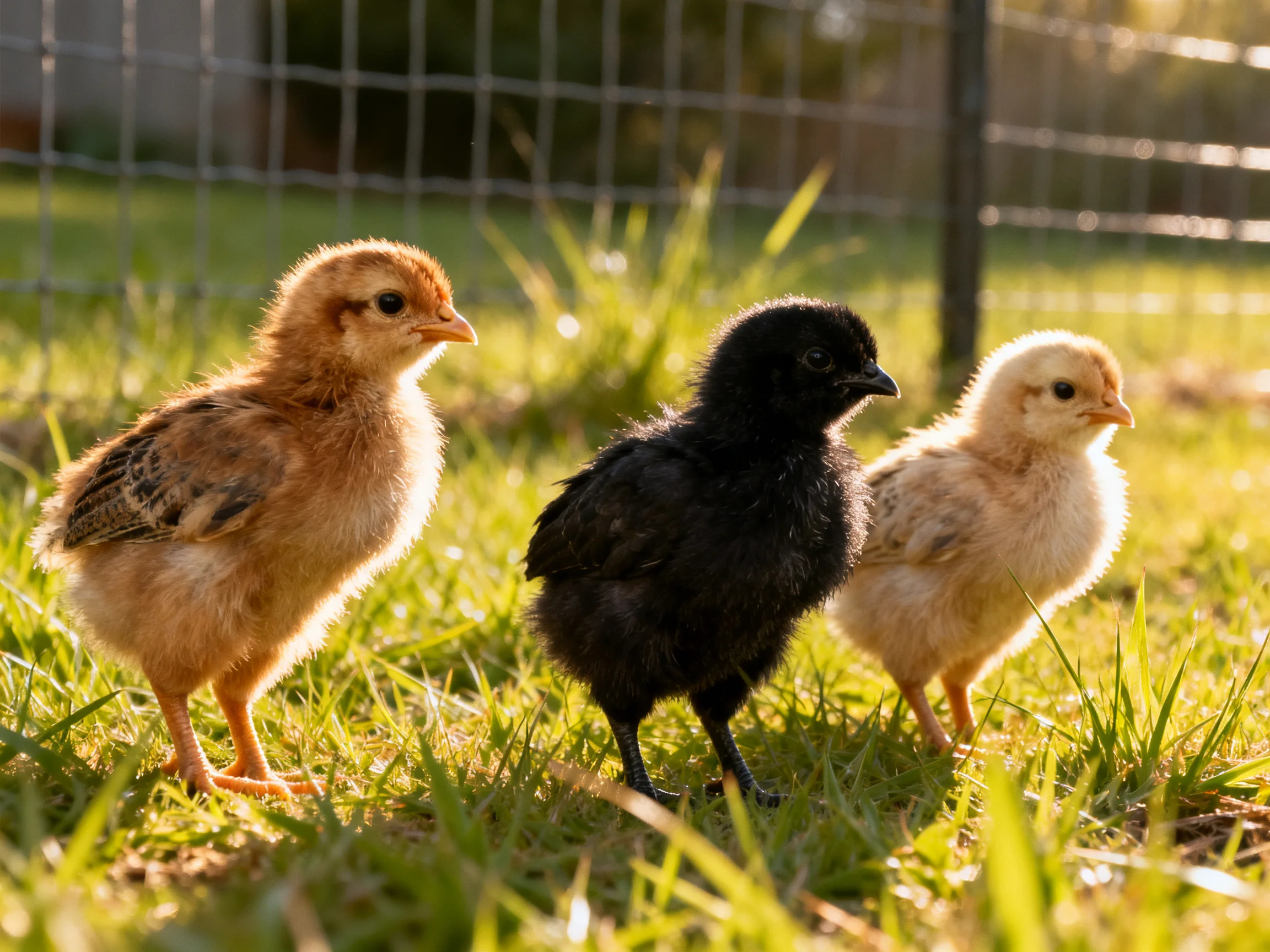 Three colorful baby chicks on sunlit grass near a wire fence
