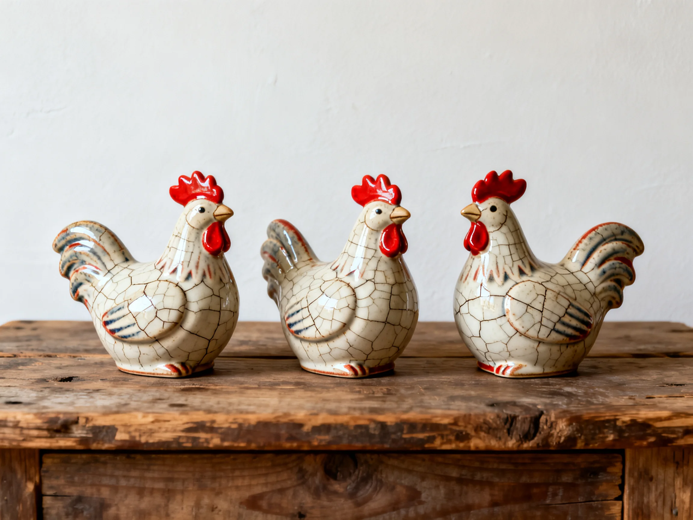 Three crackle-glazed ceramic chickens with red combs on a rustic wooden table