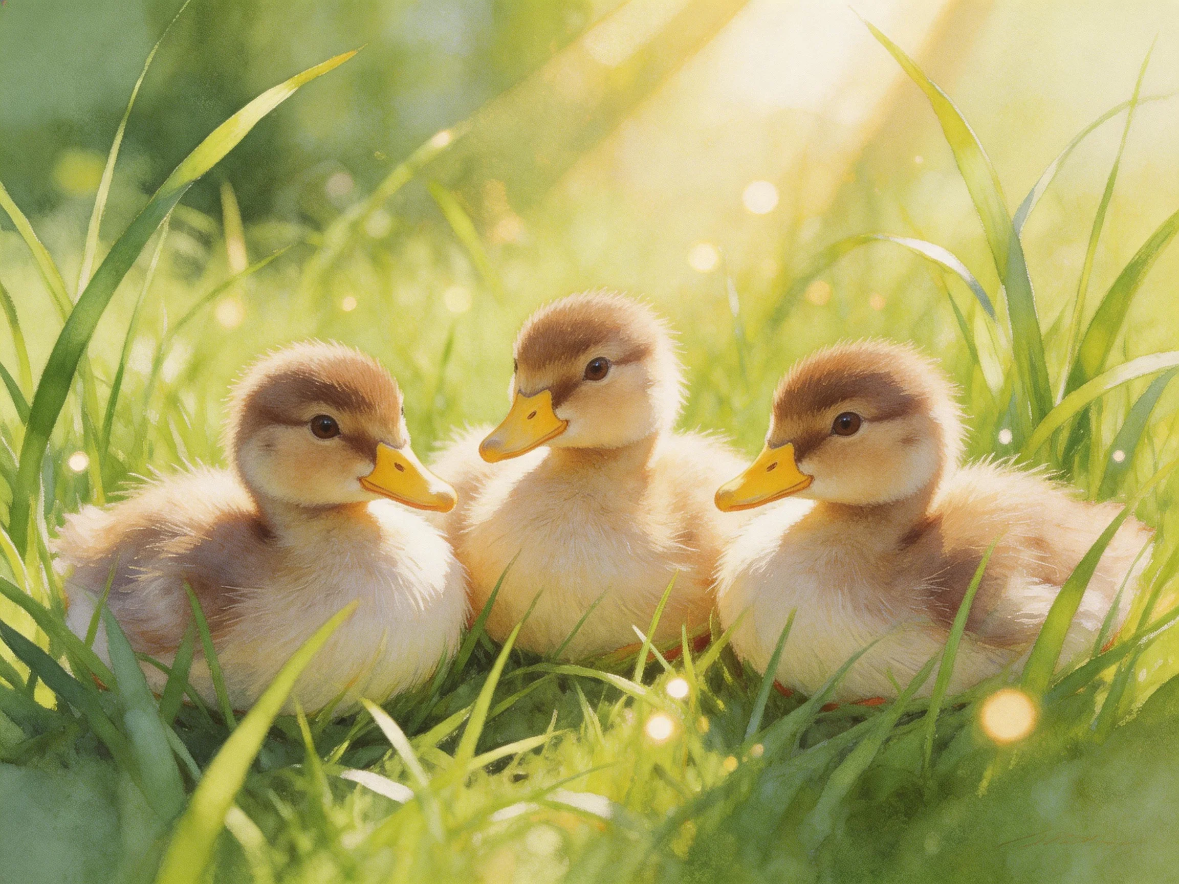 Three ducklings sit closely together in sunlit grass.