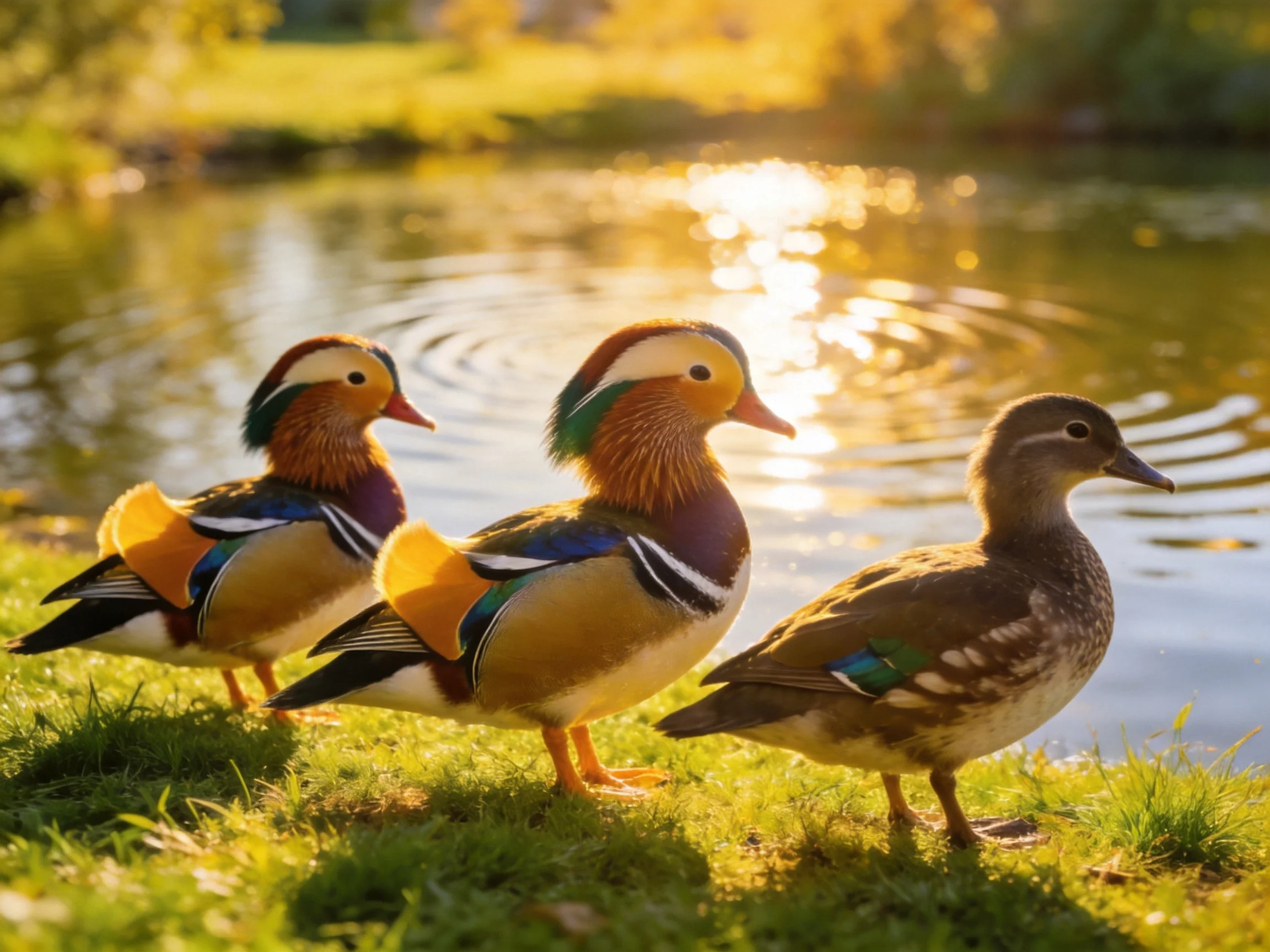 Three ducks by a sunlit pond, two with colorful plumage, one brown