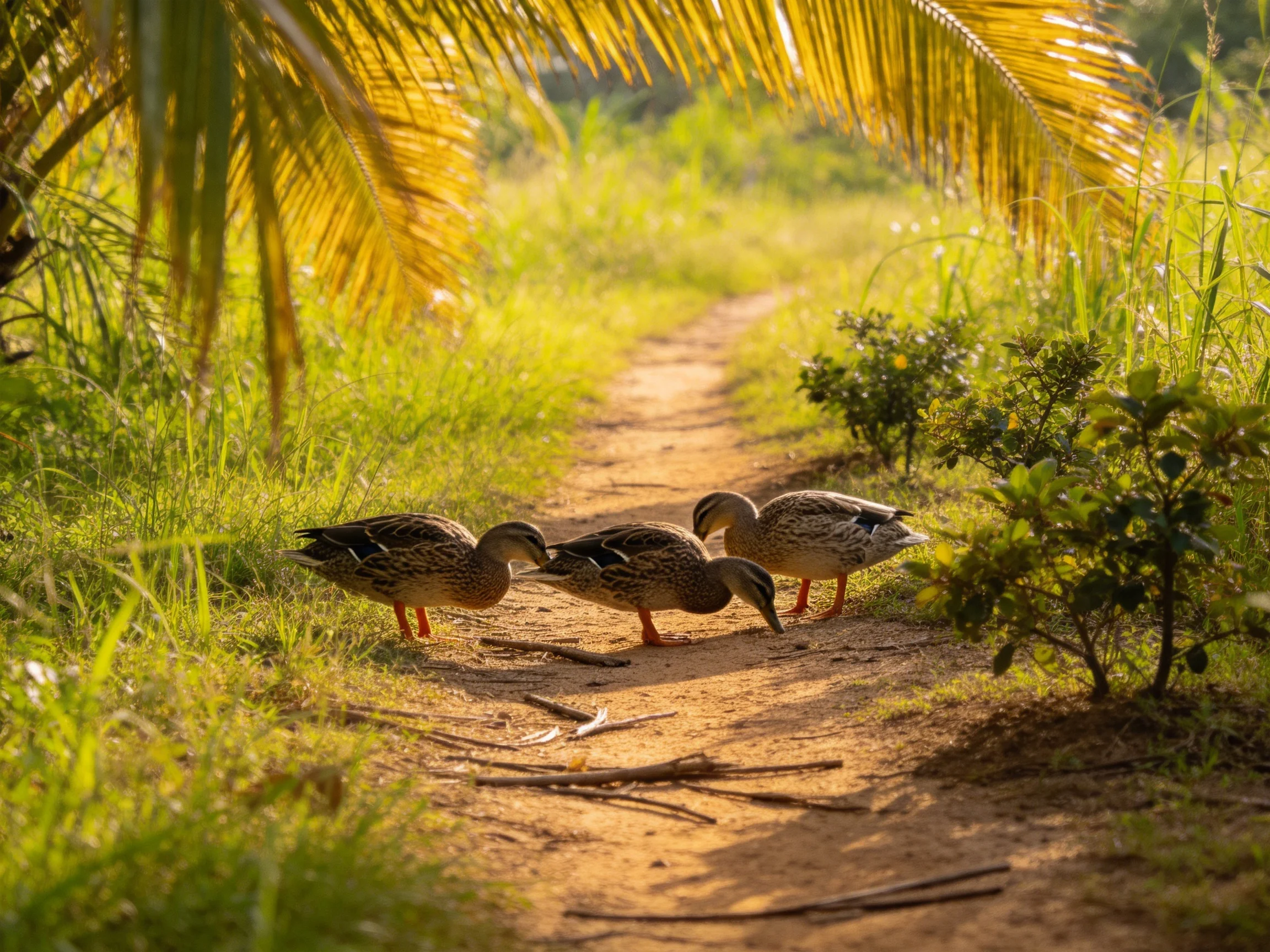 Three ducks explore a sun-drenched jungle dirt path with palm foliage