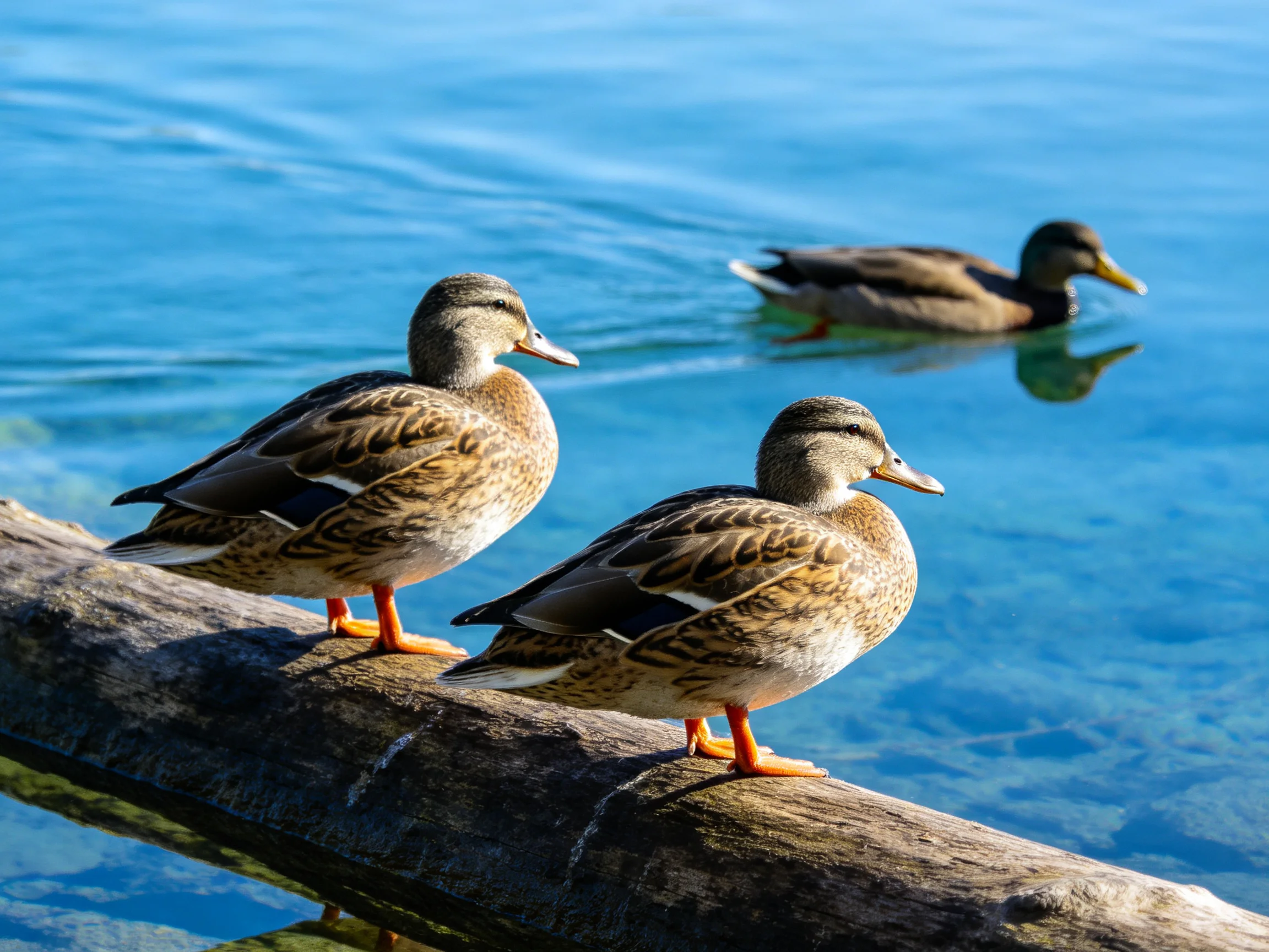 Three ducks near clear blue water, two on a log, one swimming