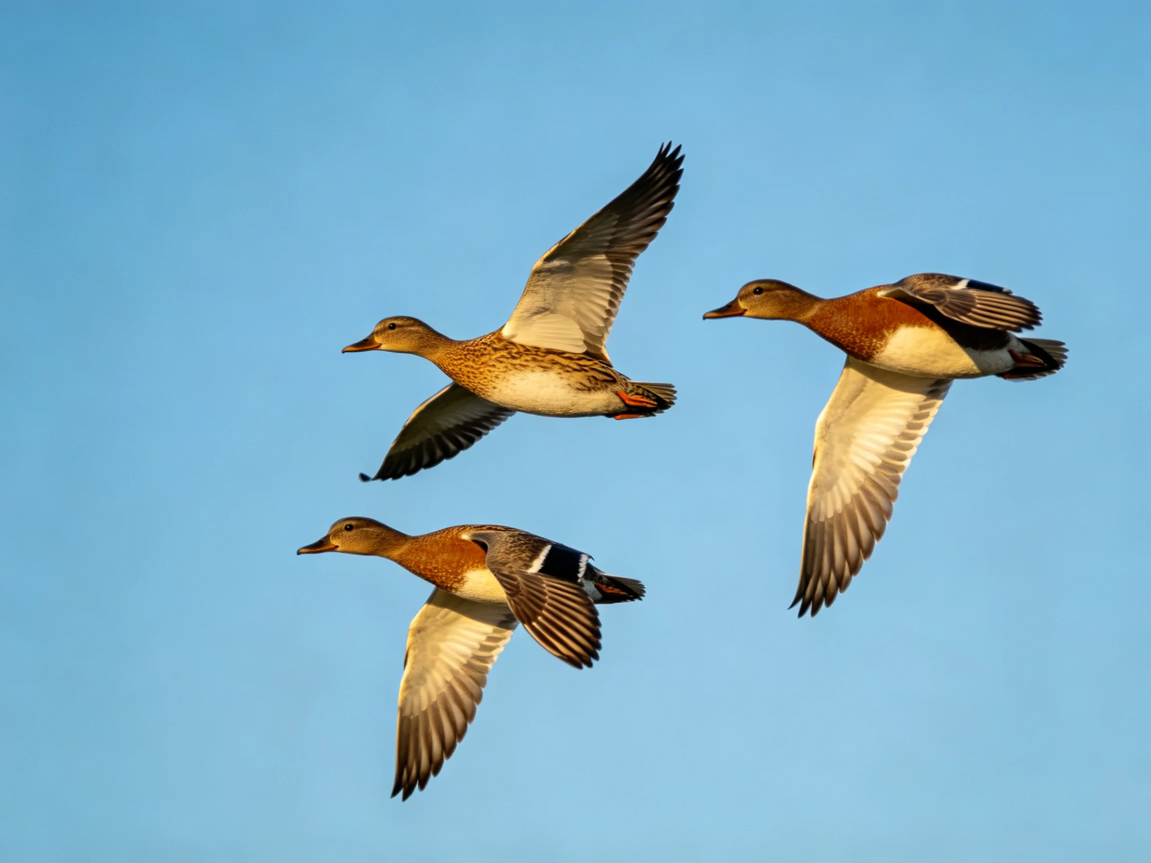 Three ducks soar with brown, white, and gray plumage against a clear blue sky