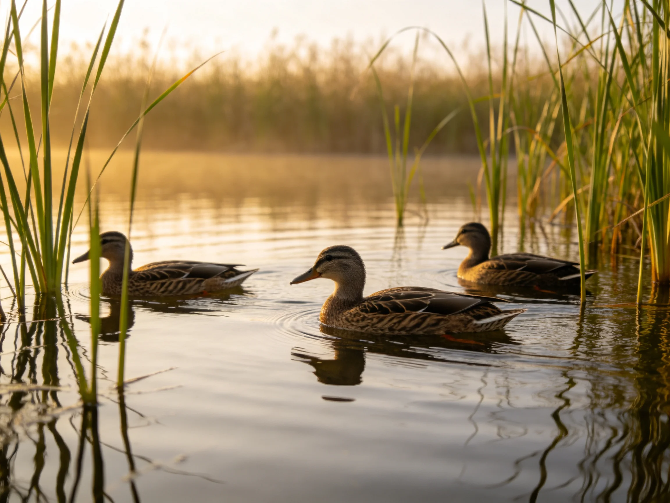 Three ducks swim amid tall green reeds in calm water at dawn