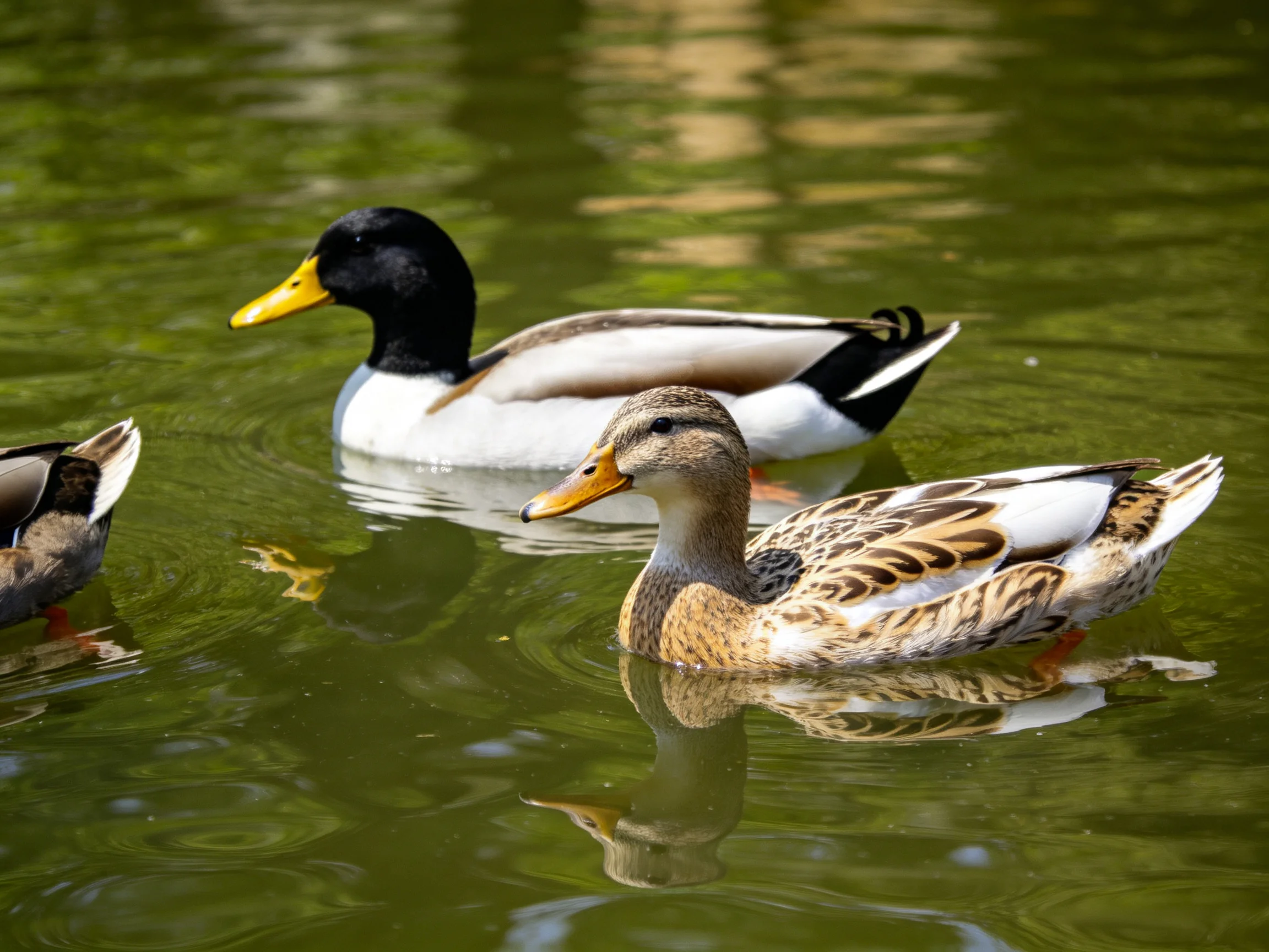 Three ducks swim gracefully in calm green water