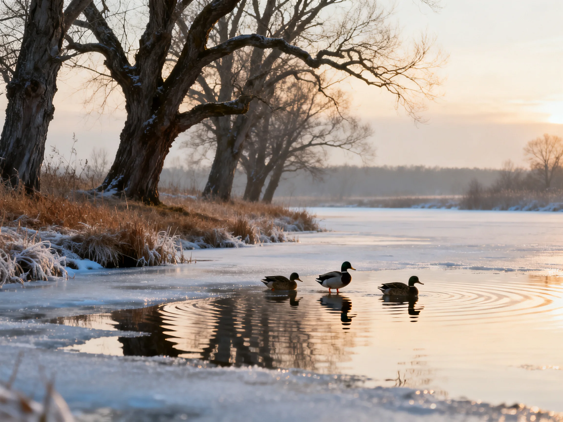 Three ducks swim in a partially frozen waterway with bare winter trees
