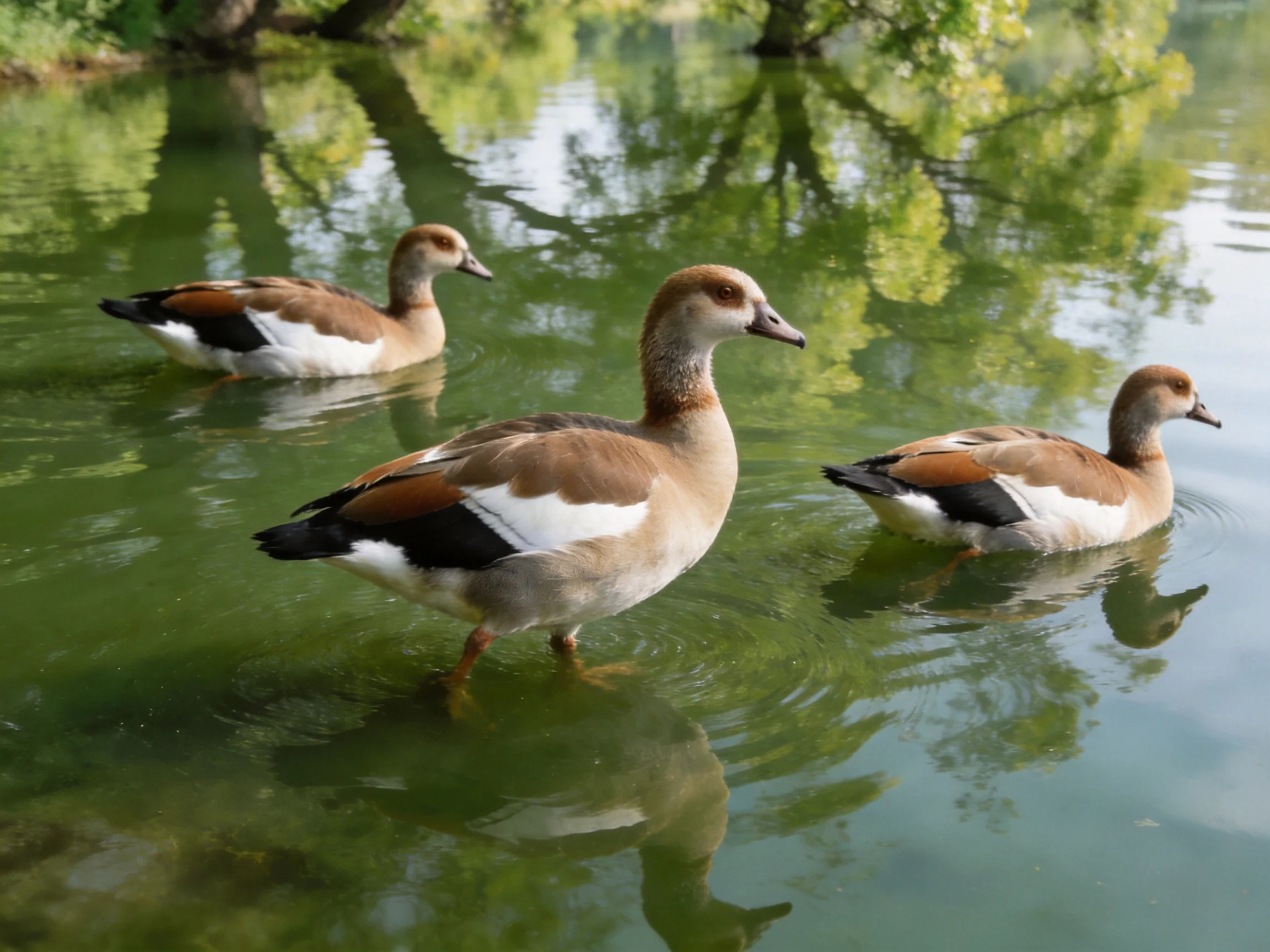Three ducks swim in calm green water near leafy trees
