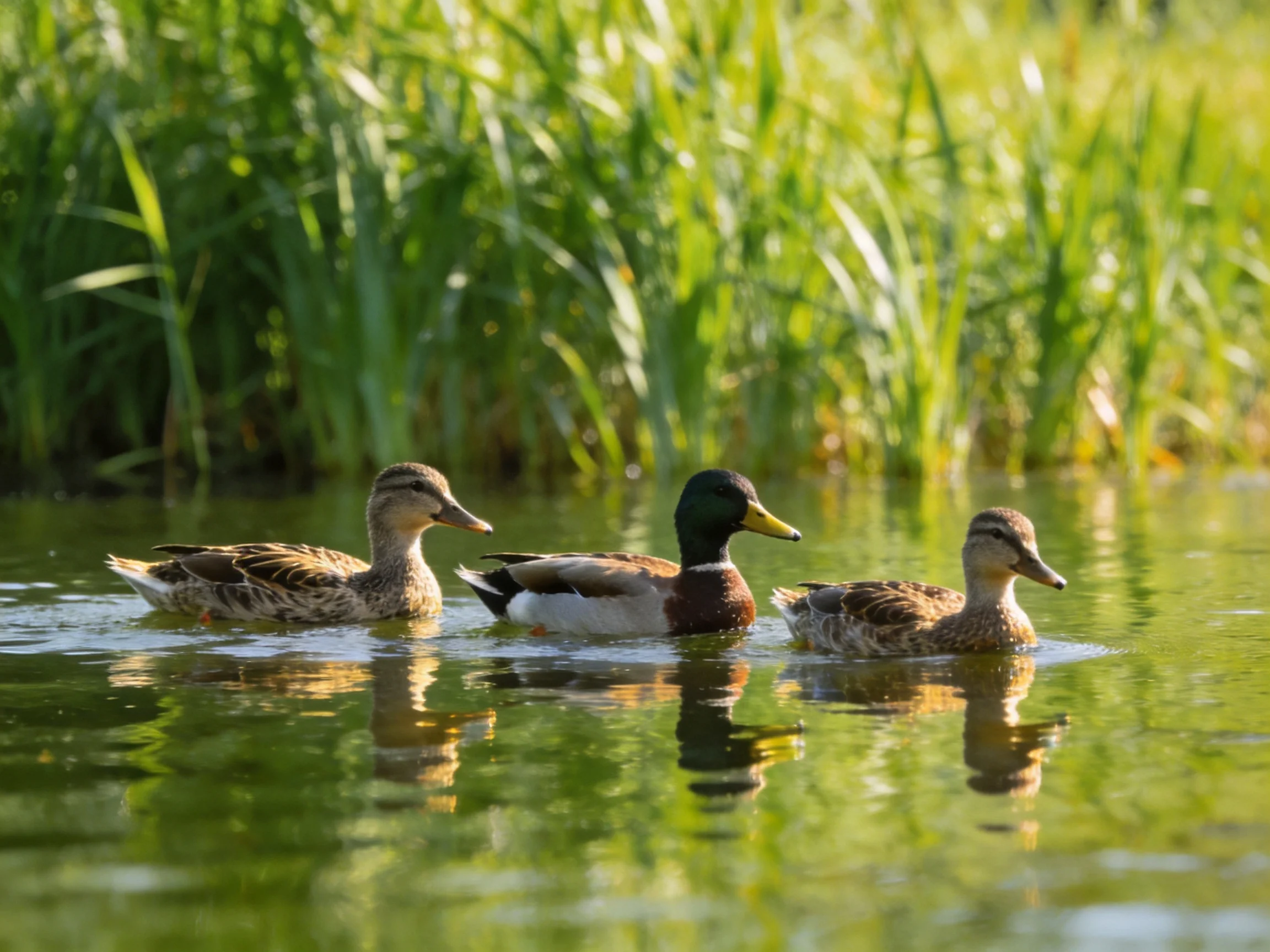Three ducks swim near lush green reeds in calm water