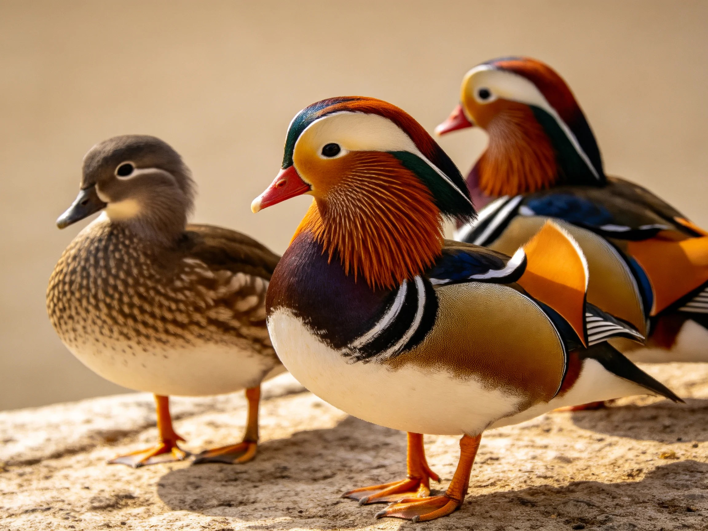 Three ducks, two vibrant mandarins, rest on a textured stone surface