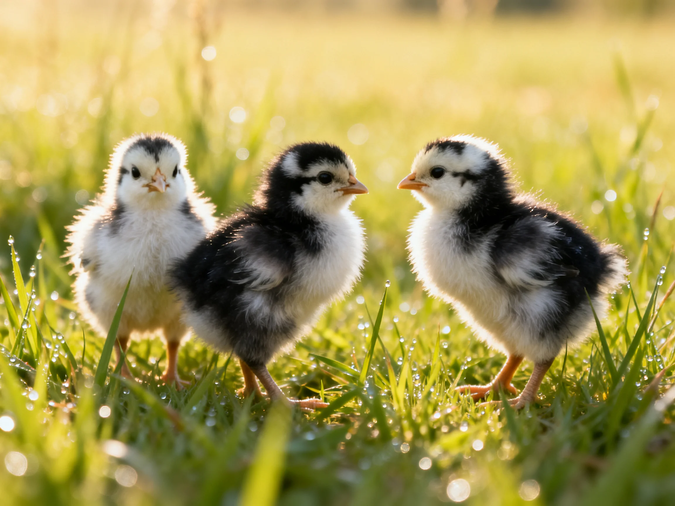 Three fluffy black-and-white chicks standing in dewy green grass