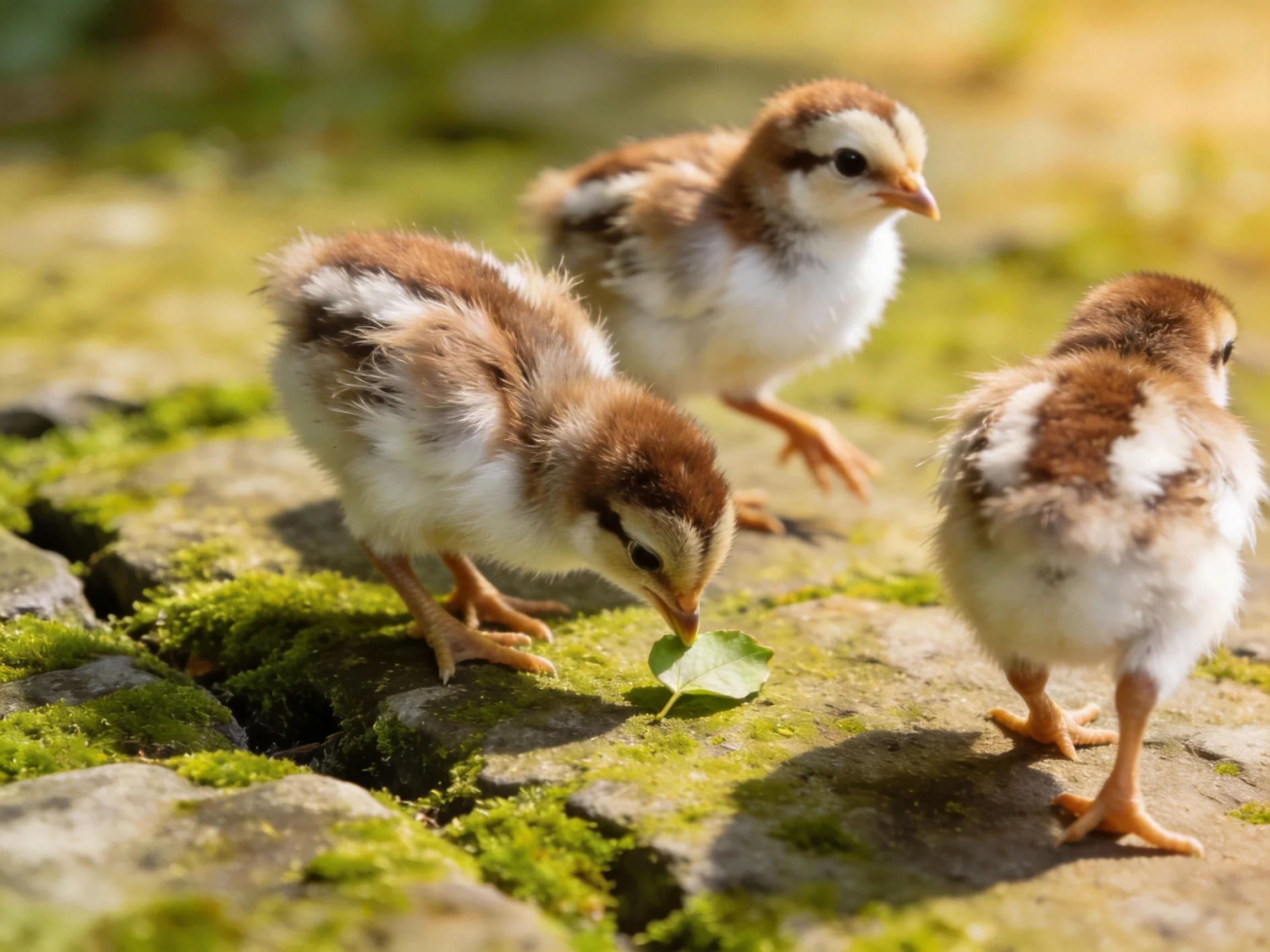 Three fluffy brown and white chicks explore a mossy stone area