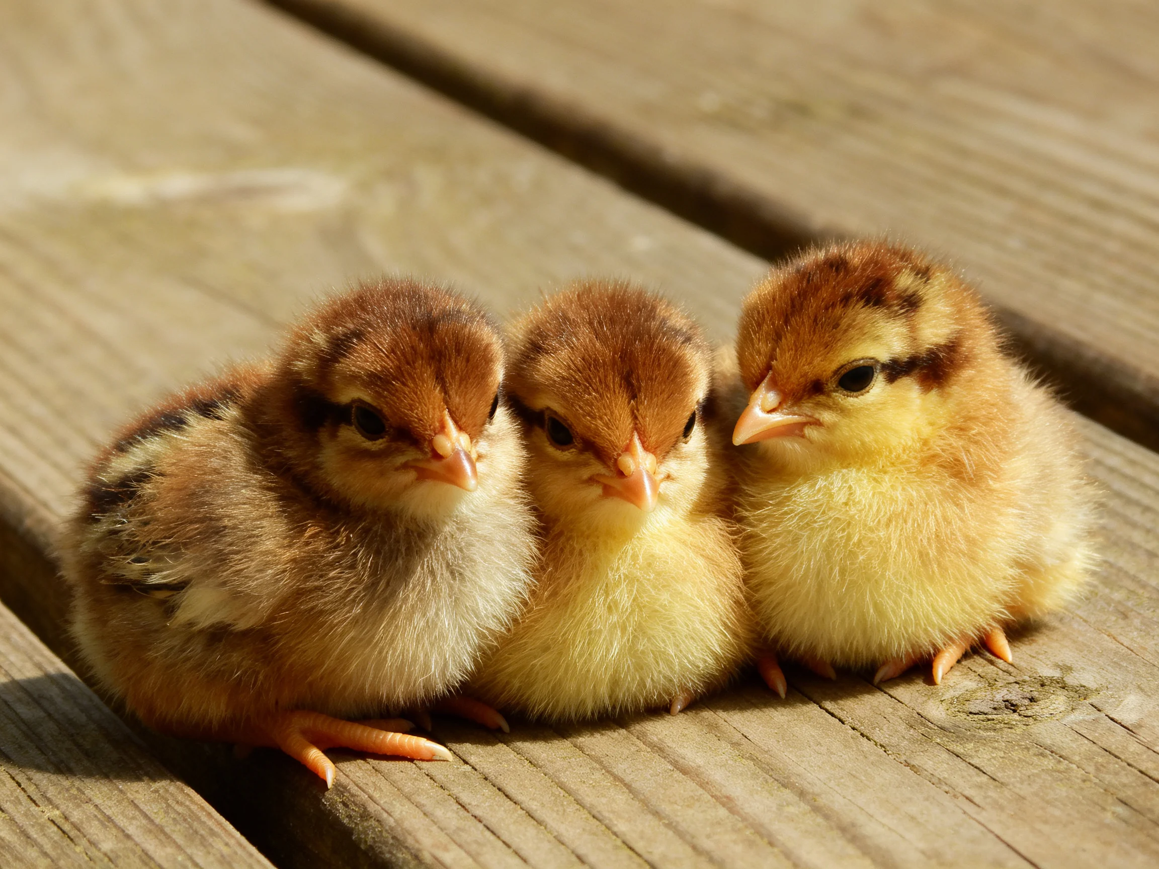 Three small chicks sit closely together on a wooden surface.
