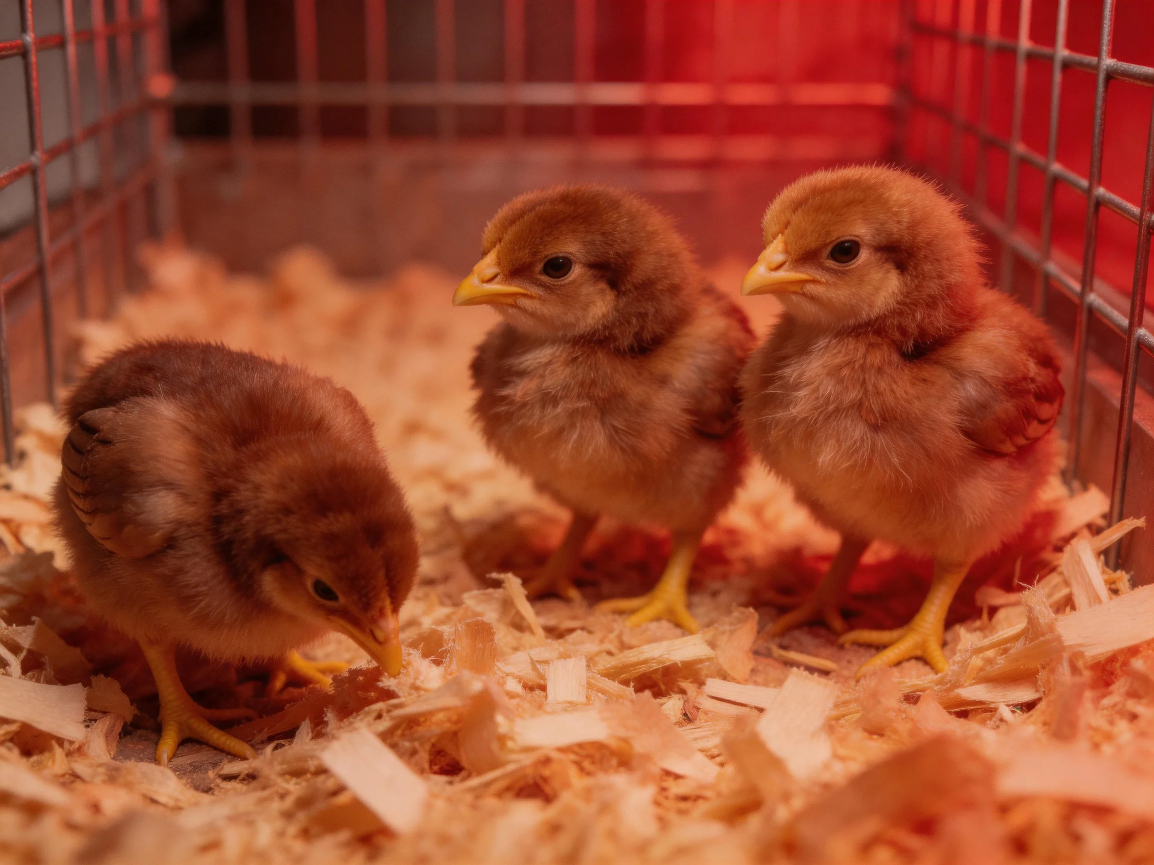 Three fluffy brown chicks in a wire cage with wood shavings