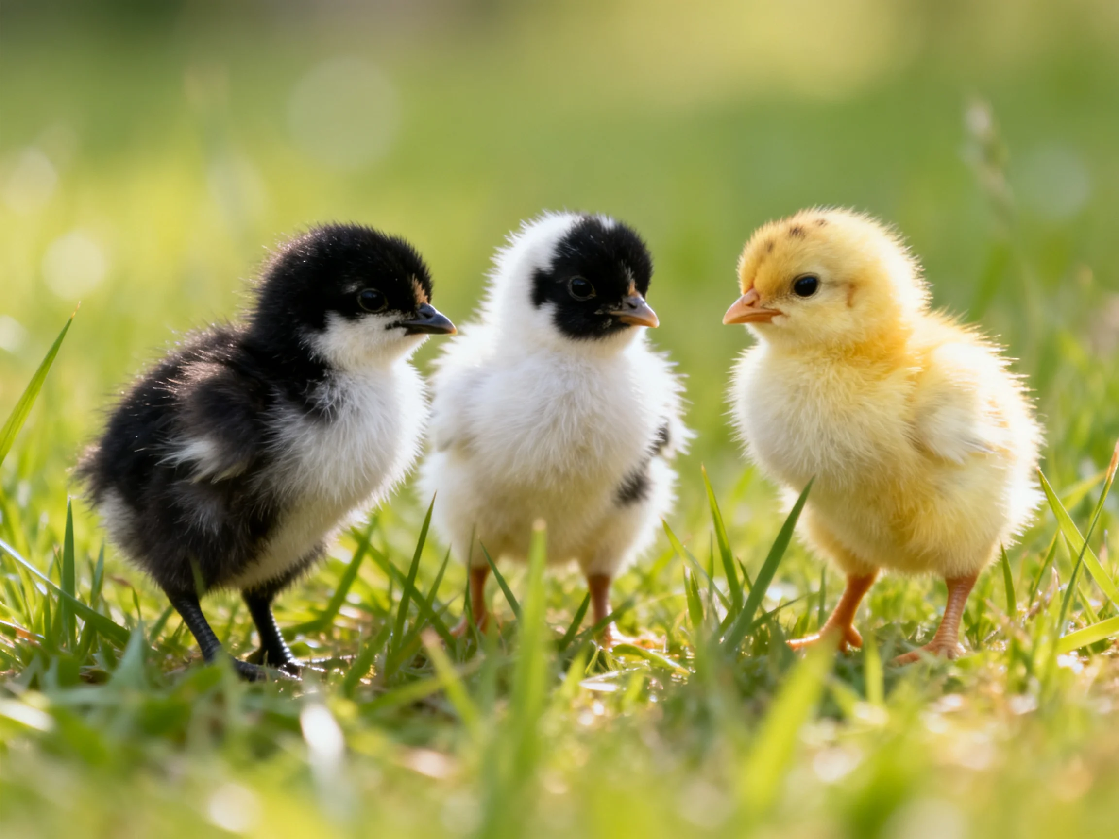 Three fluffy chicks in black, white, and yellow hues on green grass