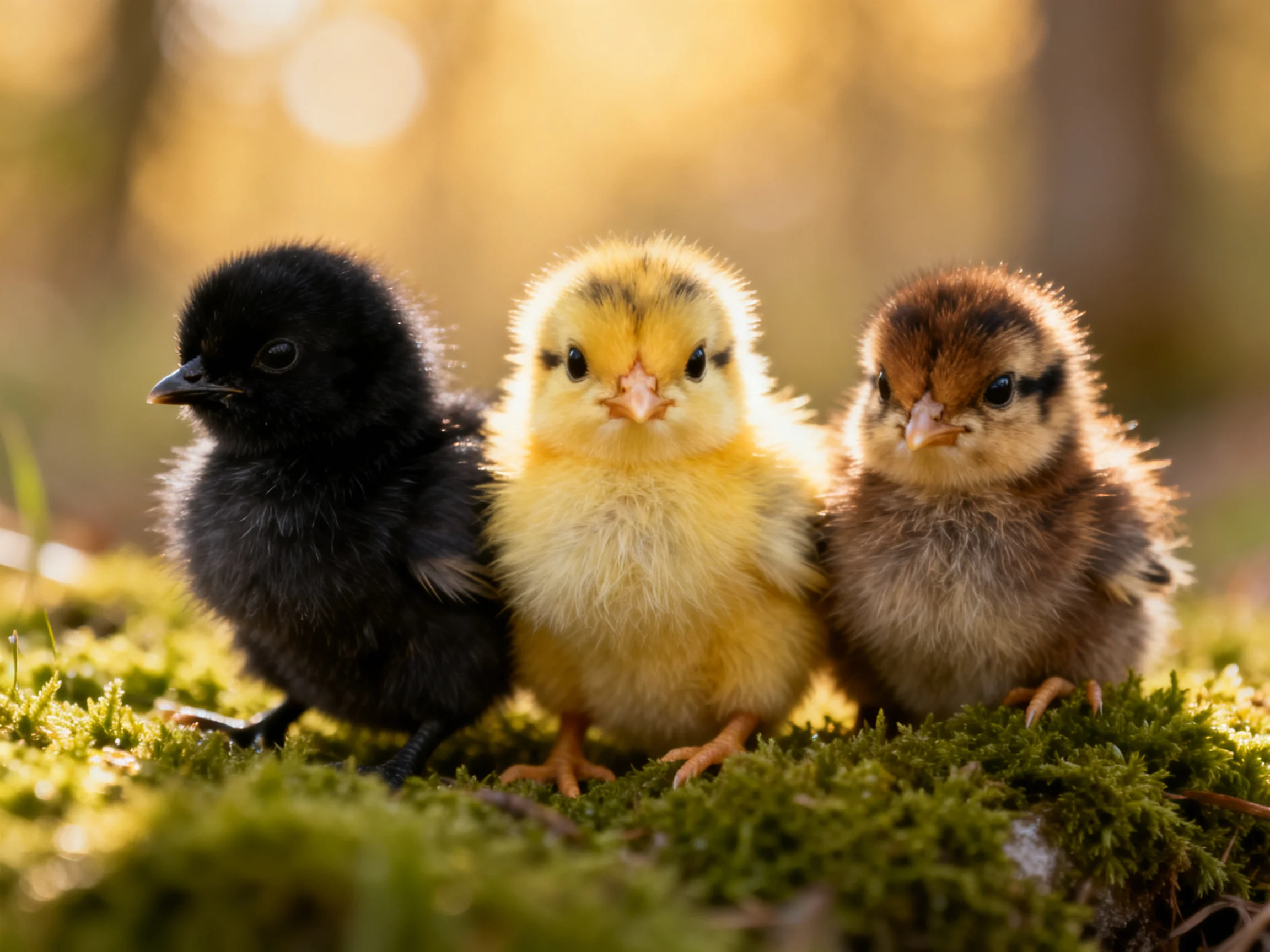 Three fluffy chicks in diverse colors sit on mossy ground