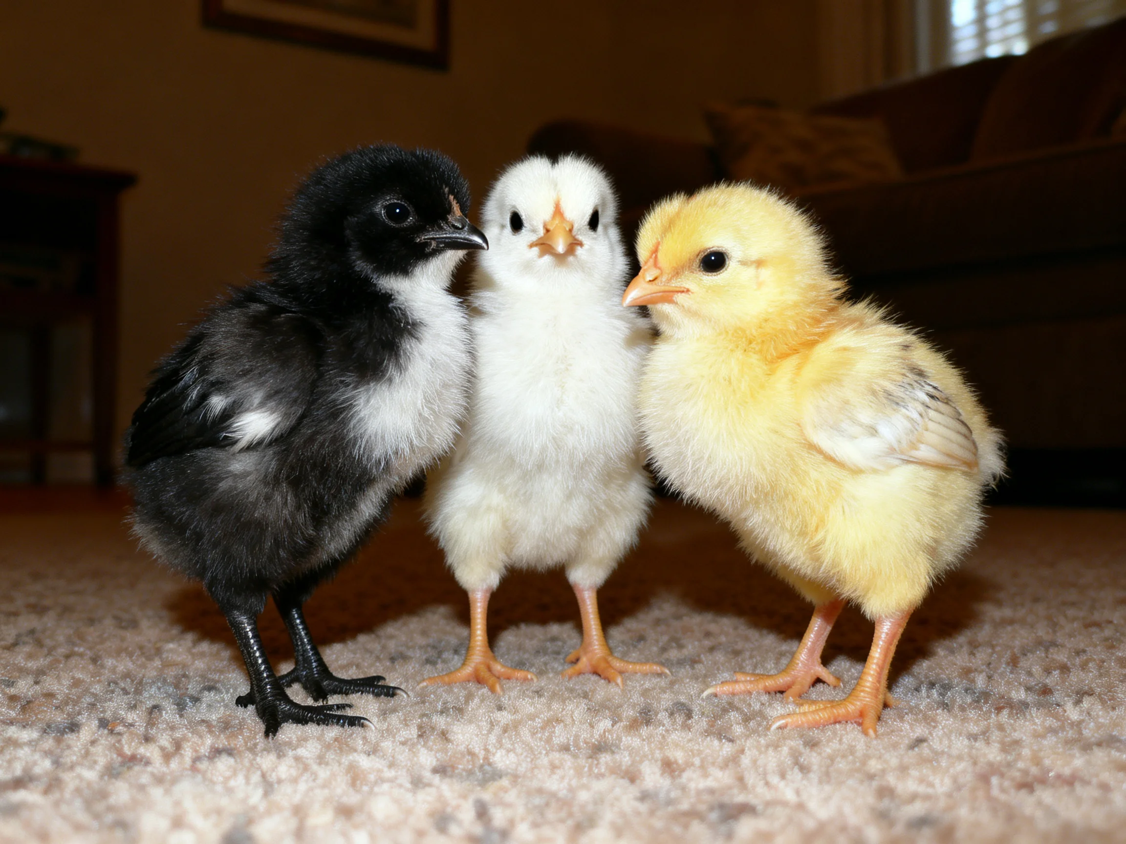 Three fluffy chicks of black, white, and yellow stand together indoors