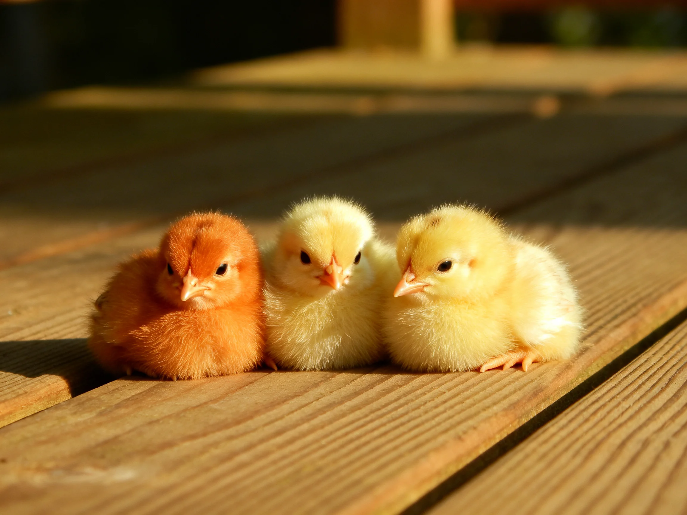 Three fluffy chicks of orange and yellow hues rest on wooden planks